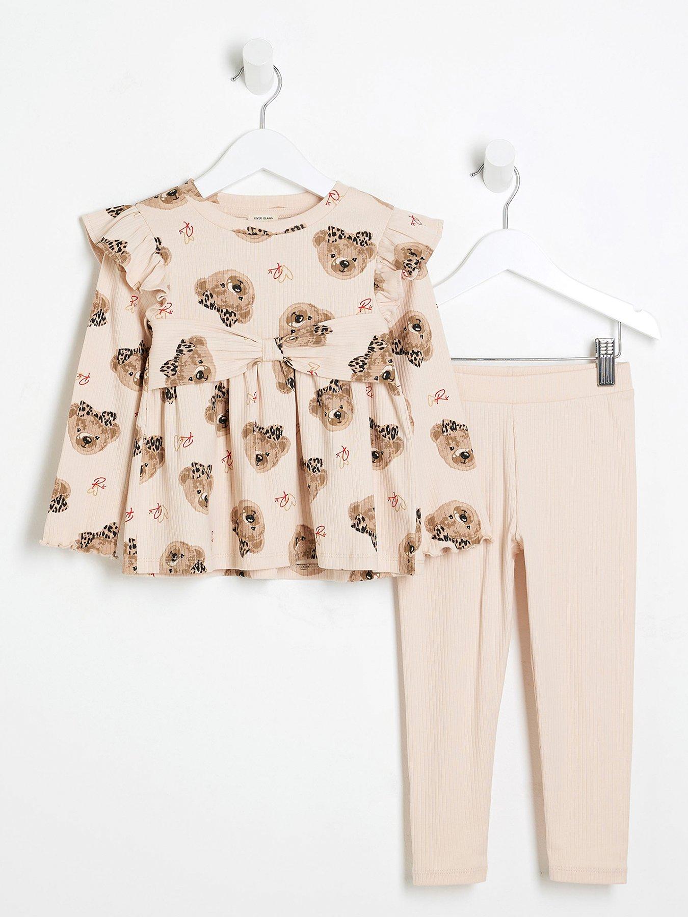 river-island-mini-mini-girls-bear-peplum-top-set-beige