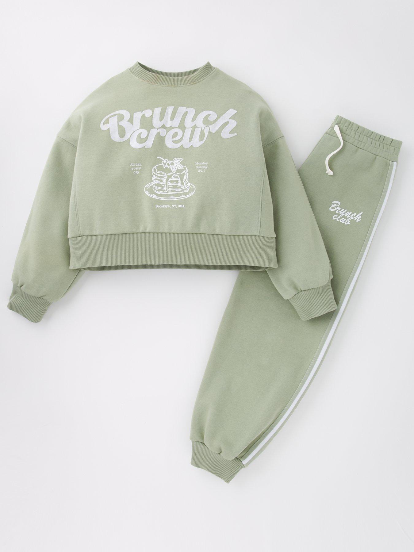  image of river-island-girls-brunch-club-sweatshirt-tracksuit-set-khaki