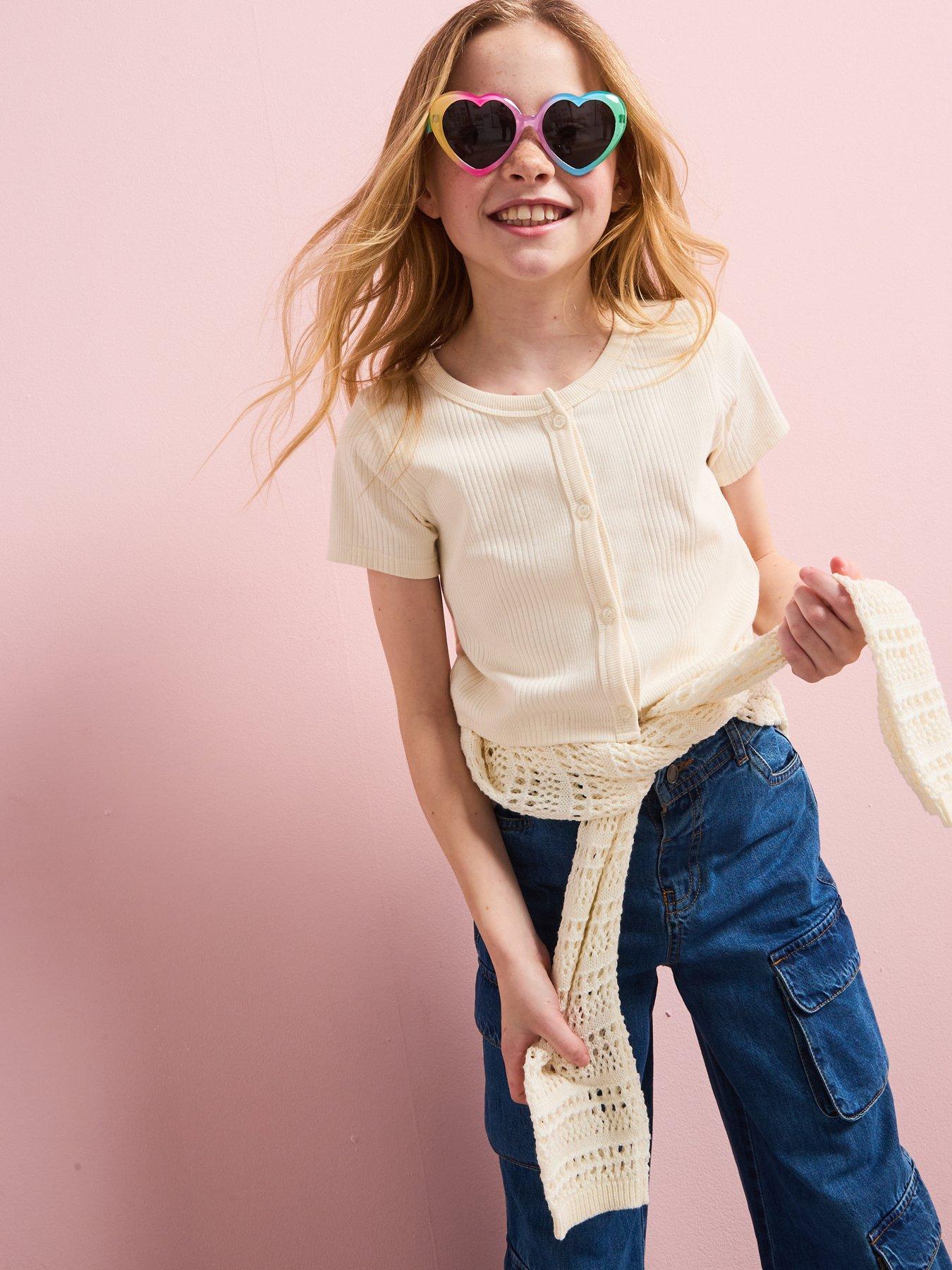 undefined Girls Ribbed Scoop Neck Crop Top - Cream