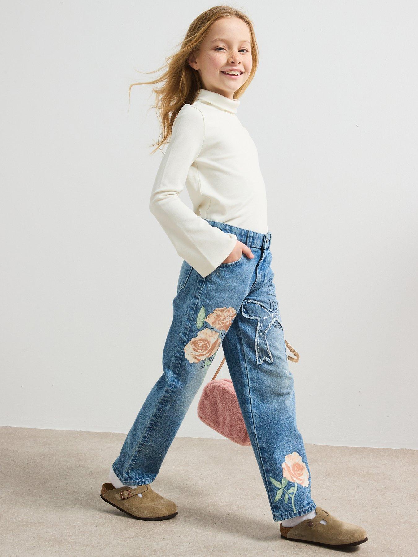 undefined Girls Denim Rose Graffiti Straight Jeans - Blue