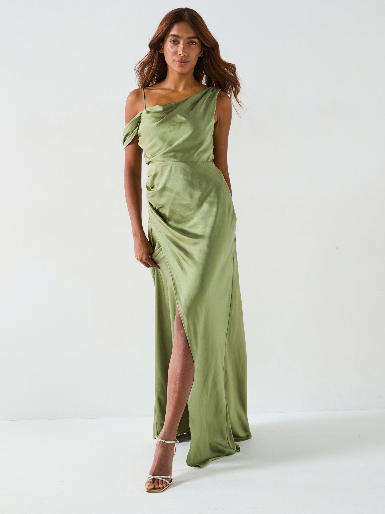Six Stories Asymmetrical Bardot Strap Satin Bridesmaid Dress - Moss