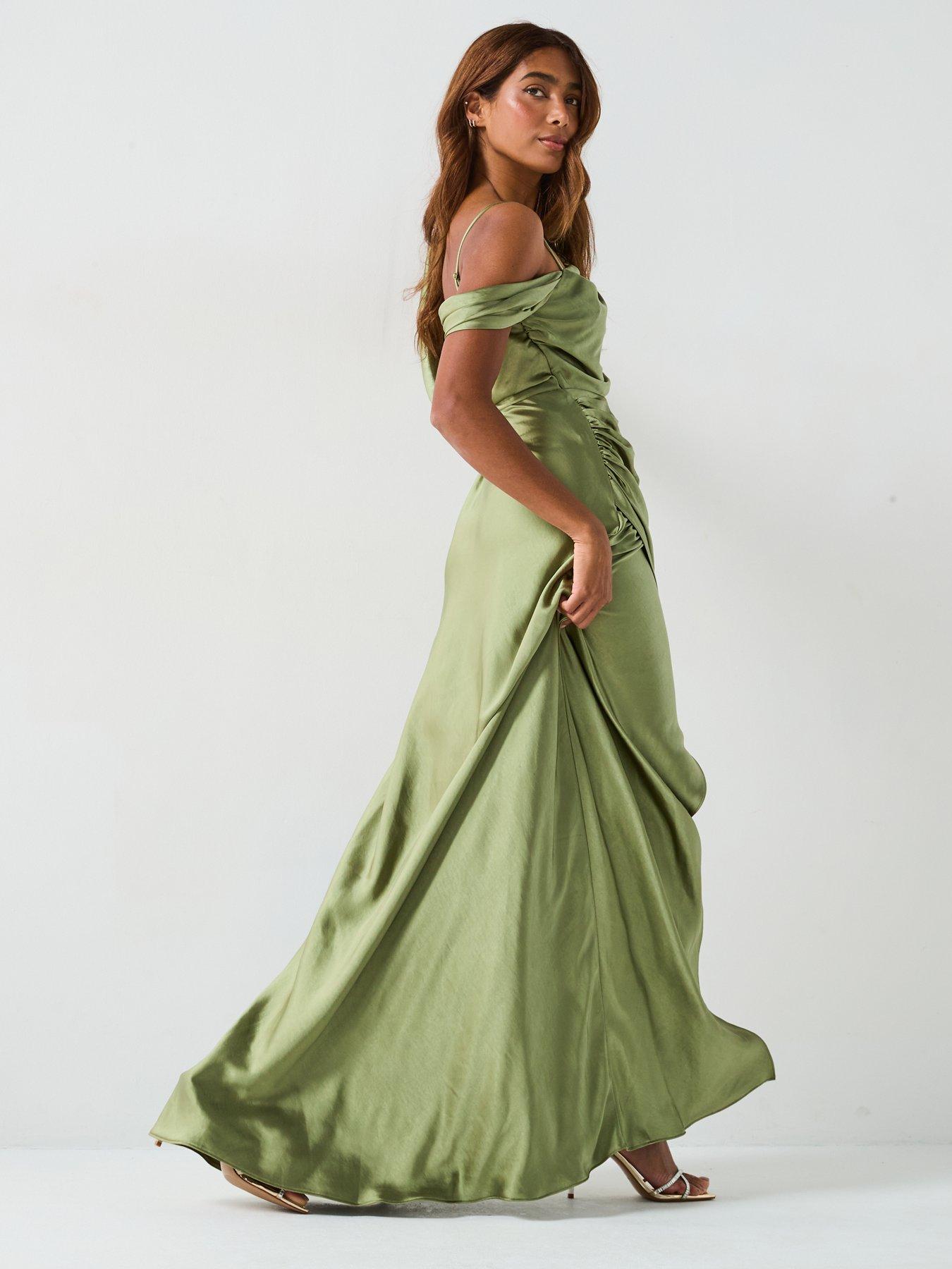 Six Stories Asymmetrical Bardot Strap Satin Bridesmaid Dress - Moss |  Littlewoods