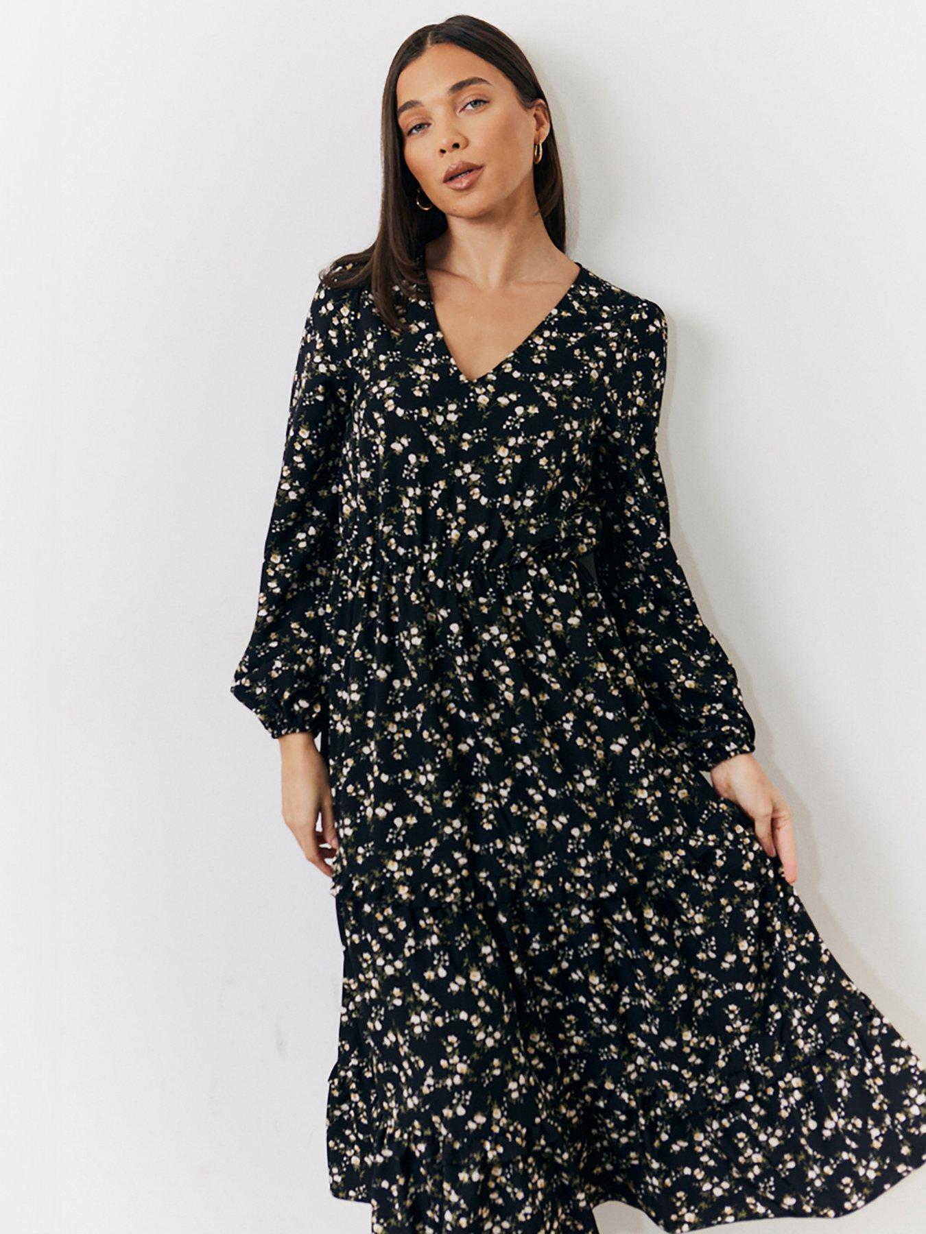 undefined Chiffon Ruffle Midi Dress - Black
