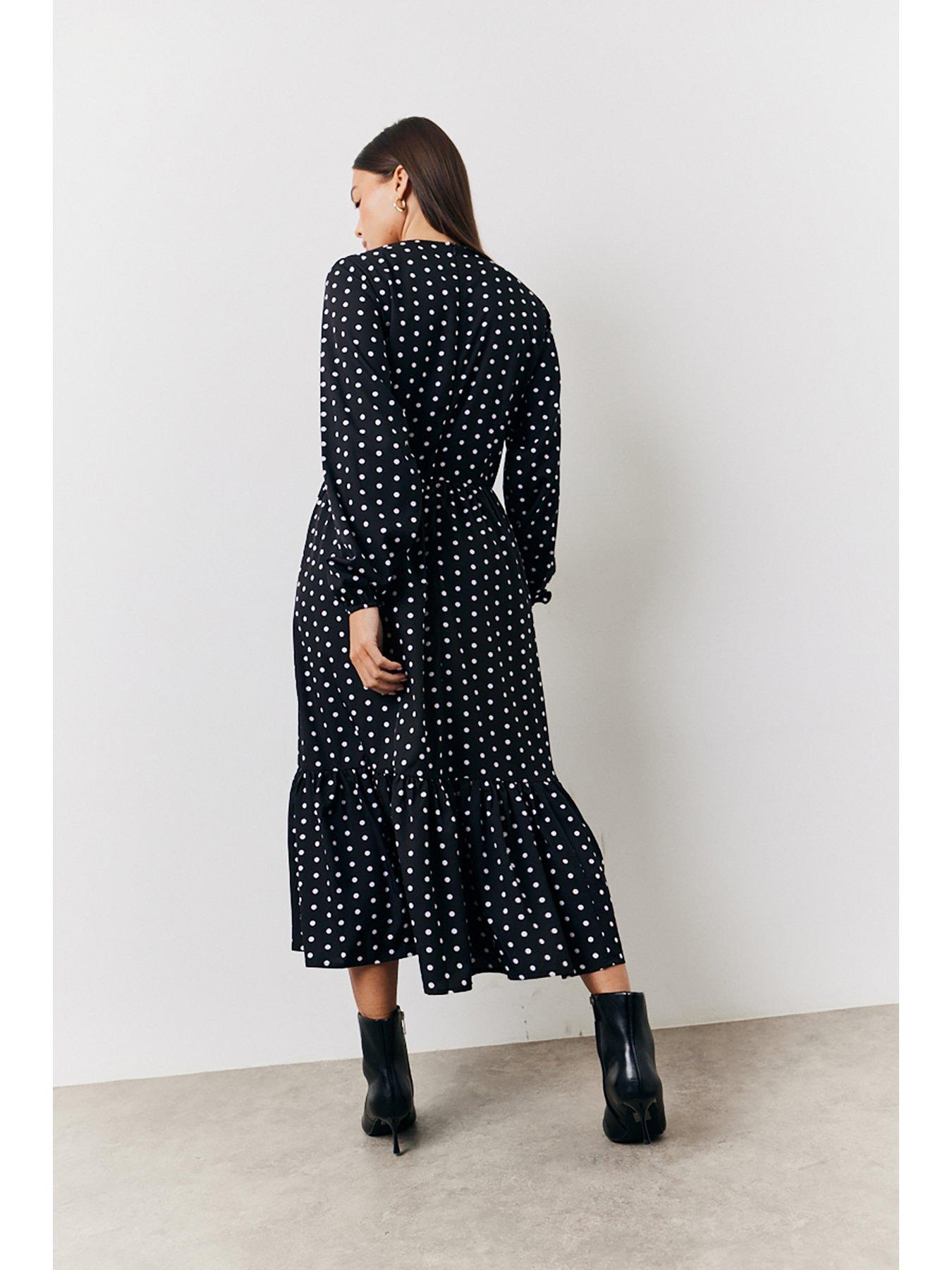  image of in-the-style-polka-dot-frill-detail-midaxi-dress-black