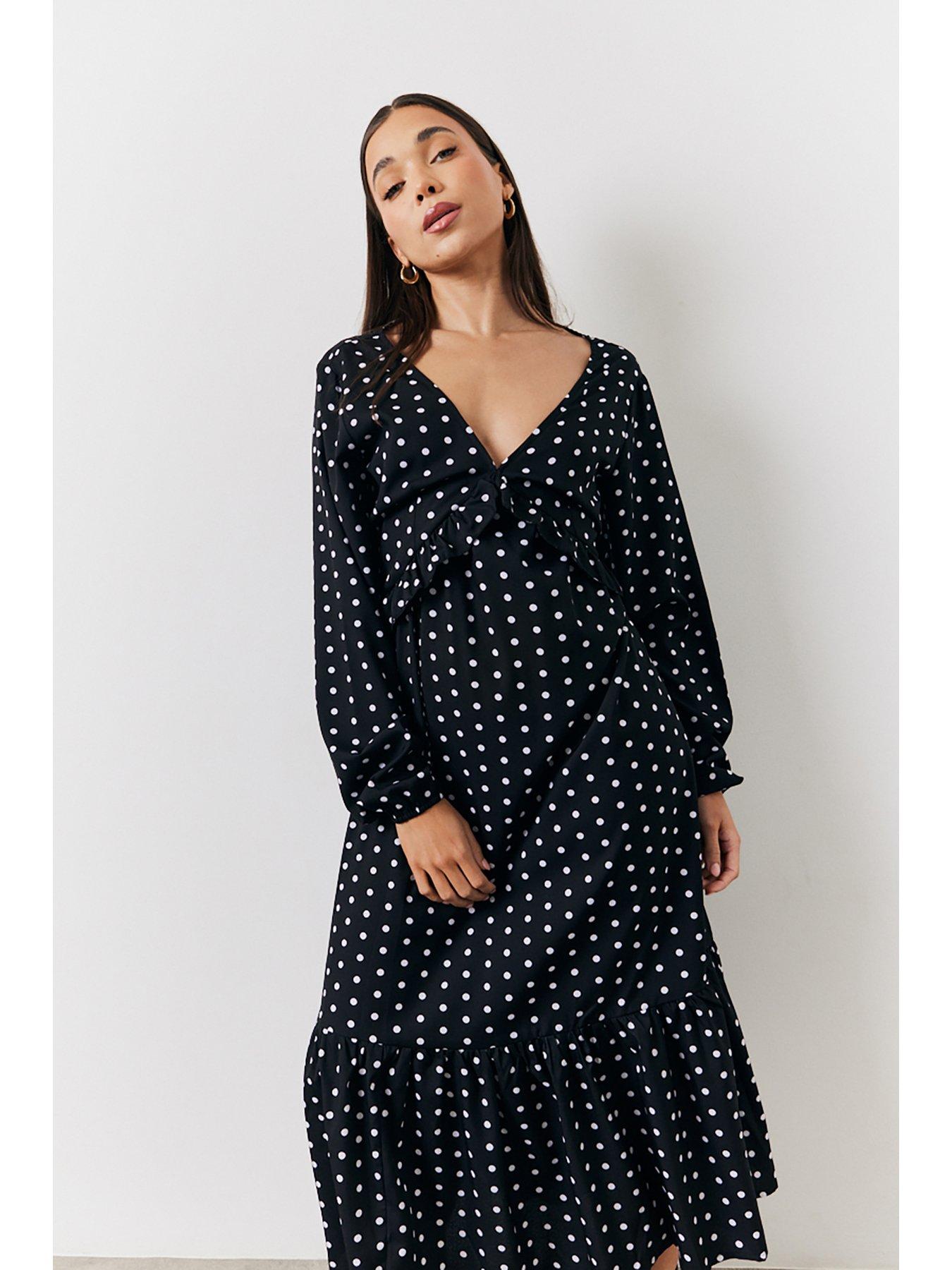  image of in-the-style-polka-dot-frill-detail-midaxi-dress-black