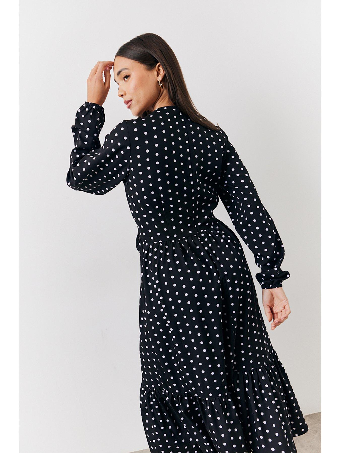  image of in-the-style-polka-dot-frill-detail-midaxi-dress-black