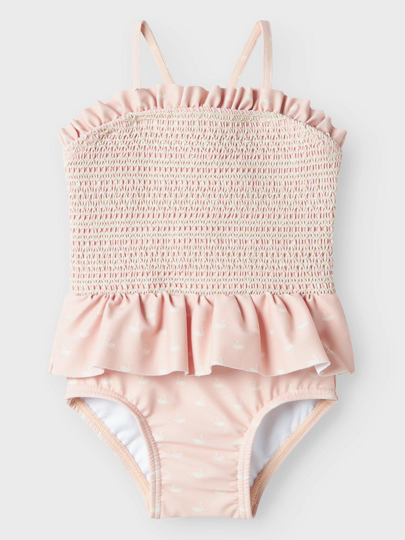  image of lil-atelier-baby-girls-swan-print-swimsuit-peach-whip