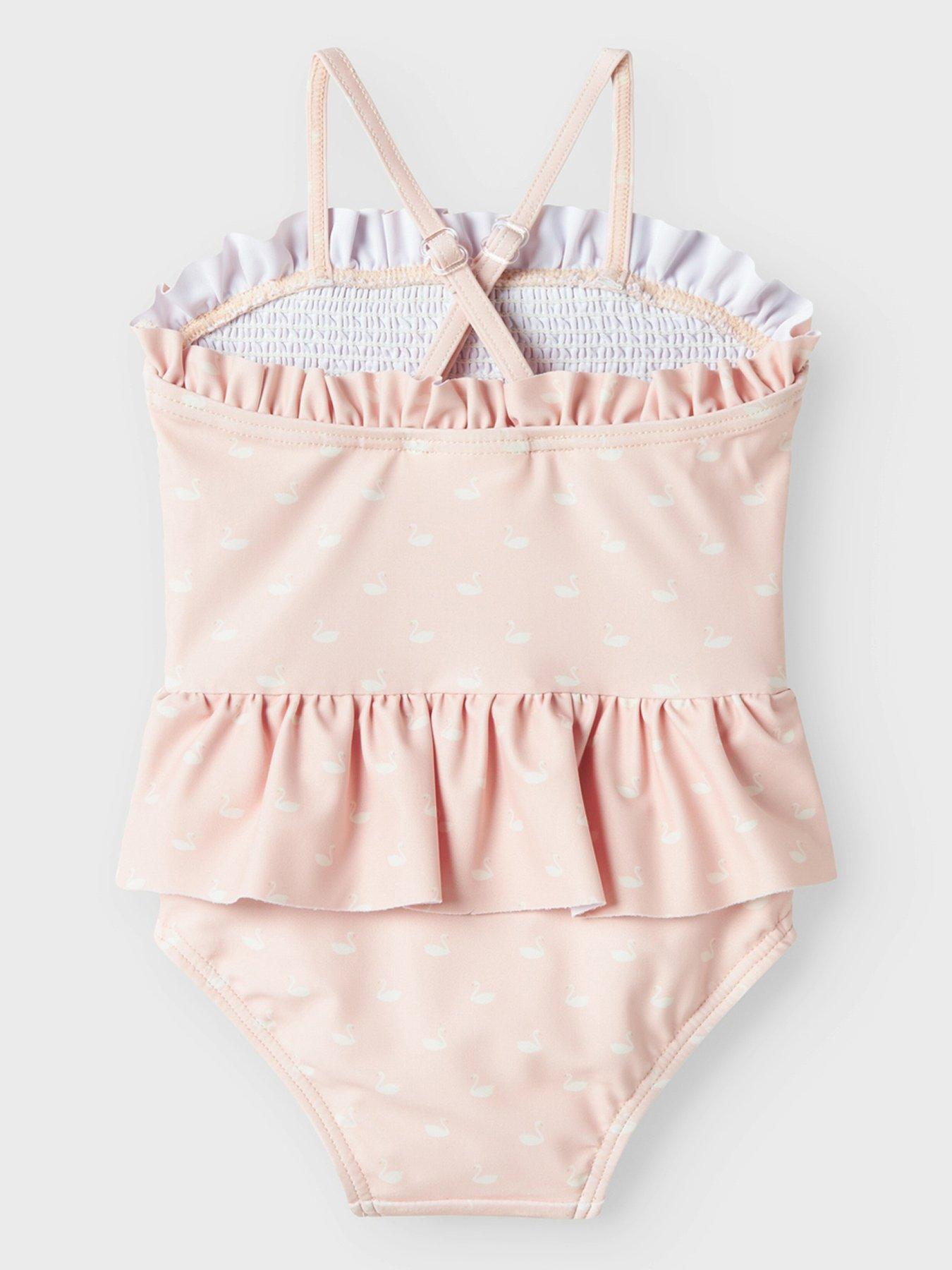  image of lil-atelier-baby-girls-swan-print-swimsuit-peach-whip