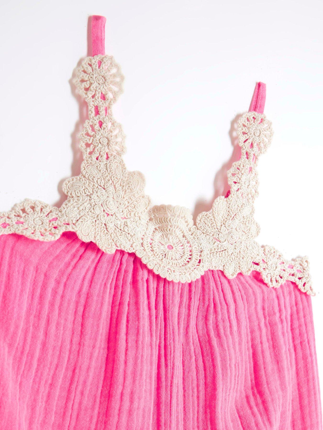  image of river-island-girls-crochet-trim-beach-playsuit-bright-pink