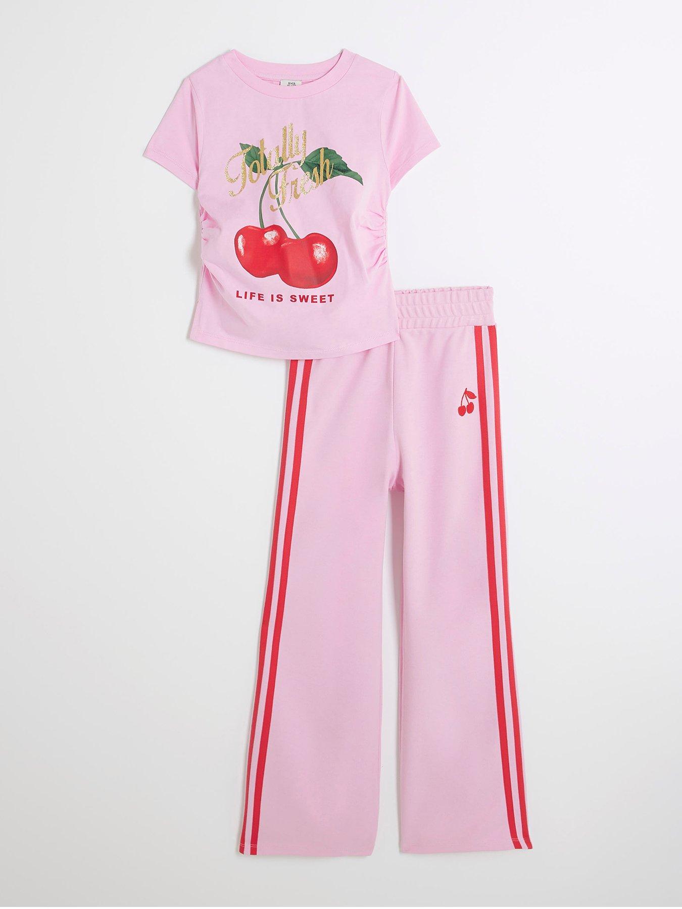  image of river-island-girls-cherry-t-shirt-and-tracksuit-set-pinkred