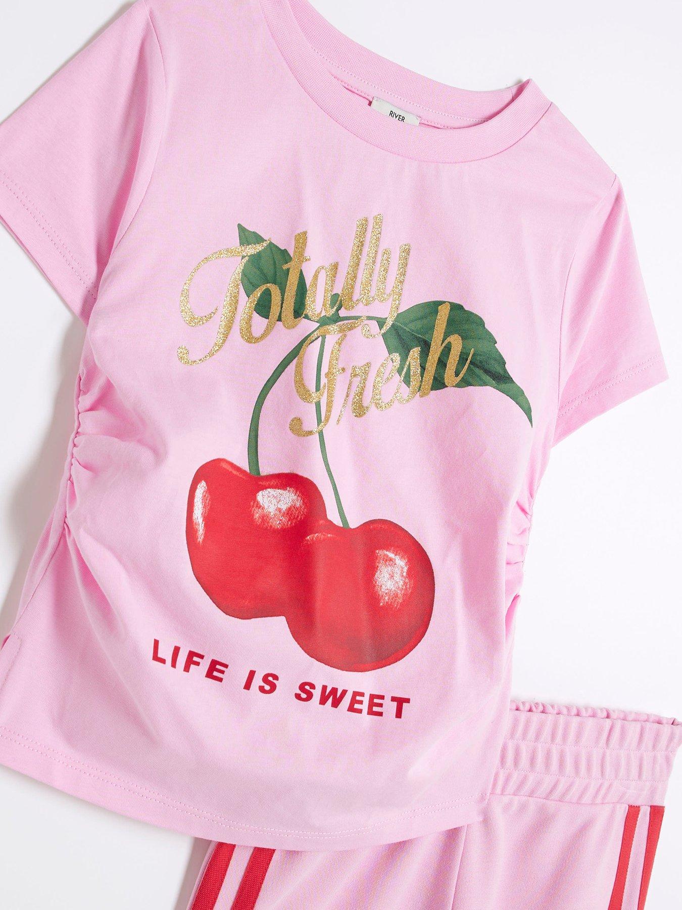  image of river-island-girls-cherry-t-shirt-and-tracksuit-set-pinkred
