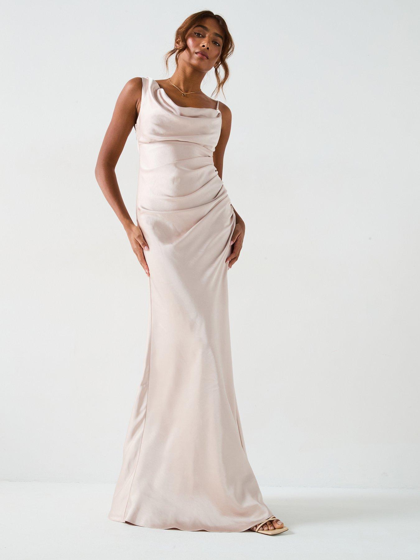 undefined Cowl Front Asymmetrical Satin Bridesmaid Dress  - Oyster