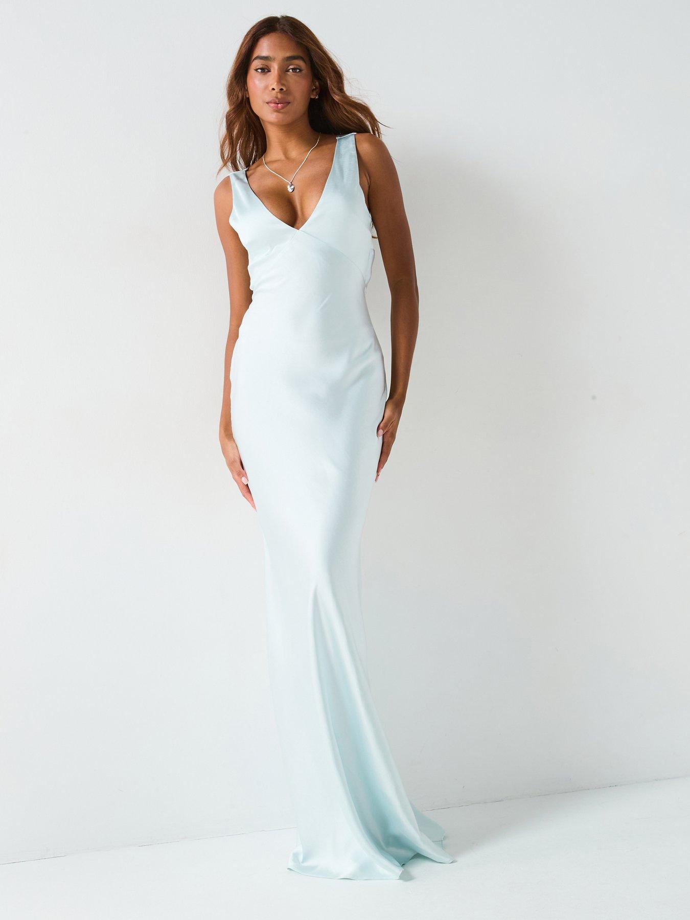 Six Stories Satin Twist Back Bridesmaid Dress - Ice - Blue