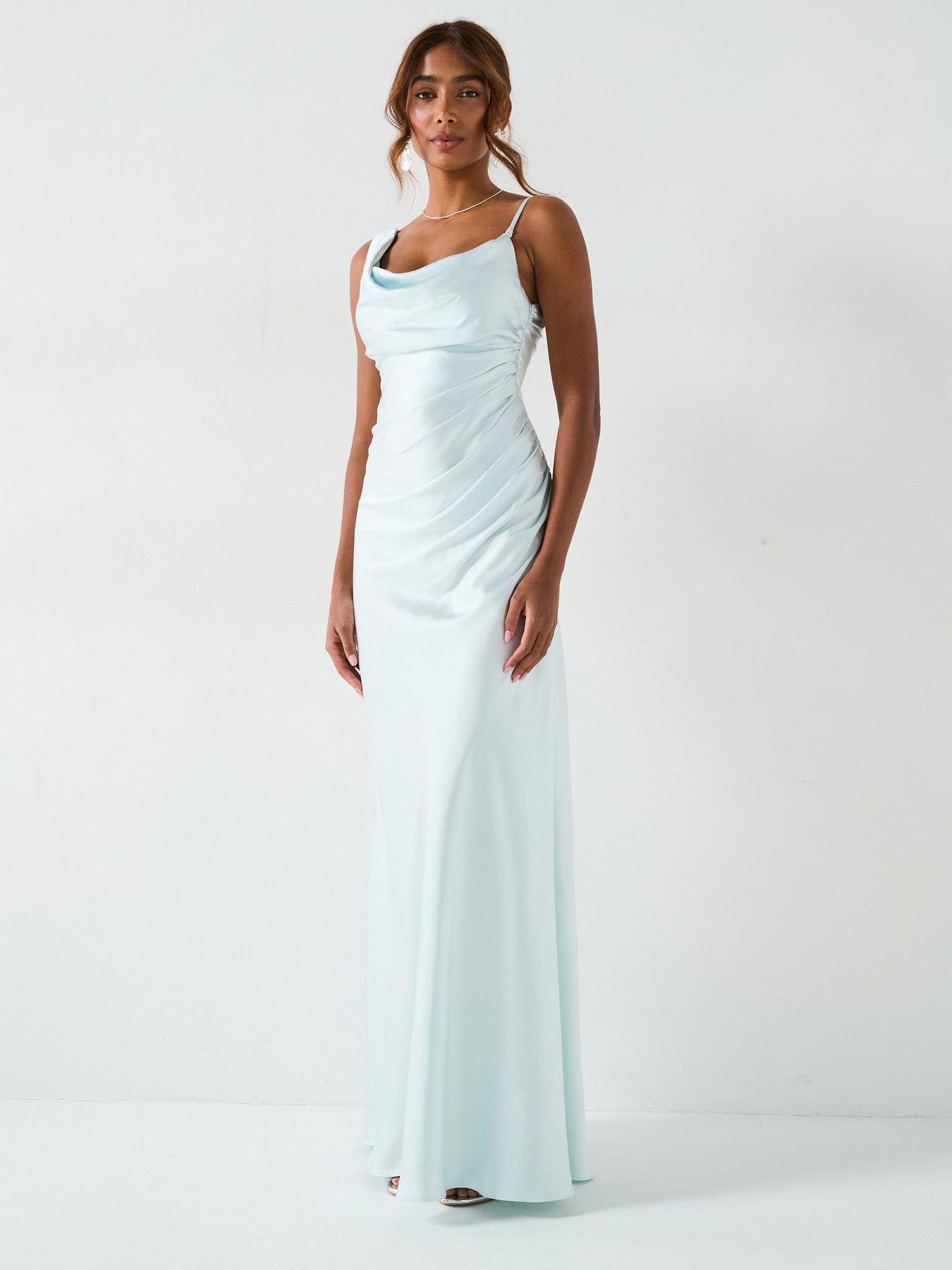Six Stories Cowl Front Asymmetrical Satin Bridesmaid Dress - Ice Blue