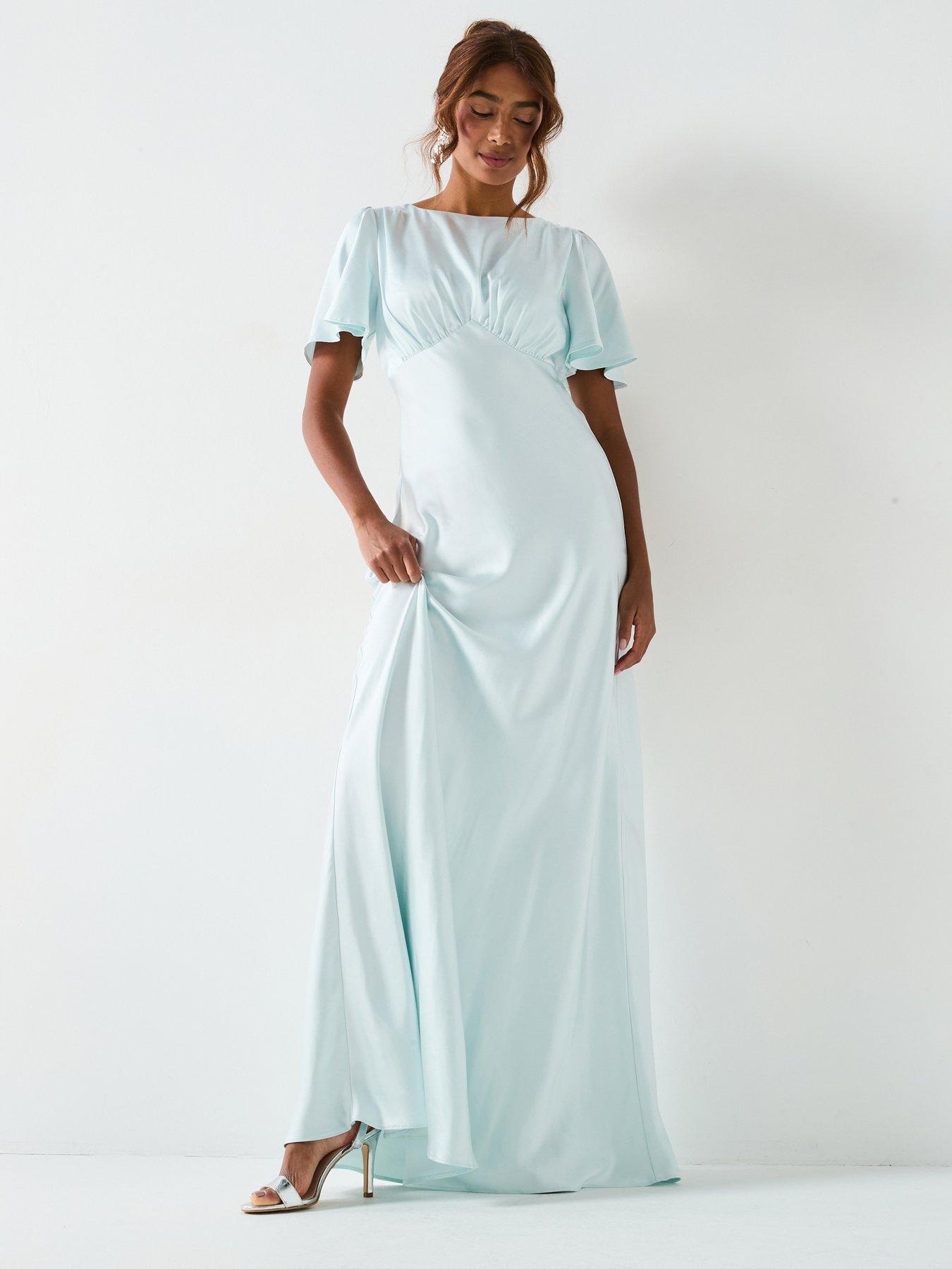 Six Stories Satin Floaty Sleeve Detail Bridesmaid Dress - Ice Blue