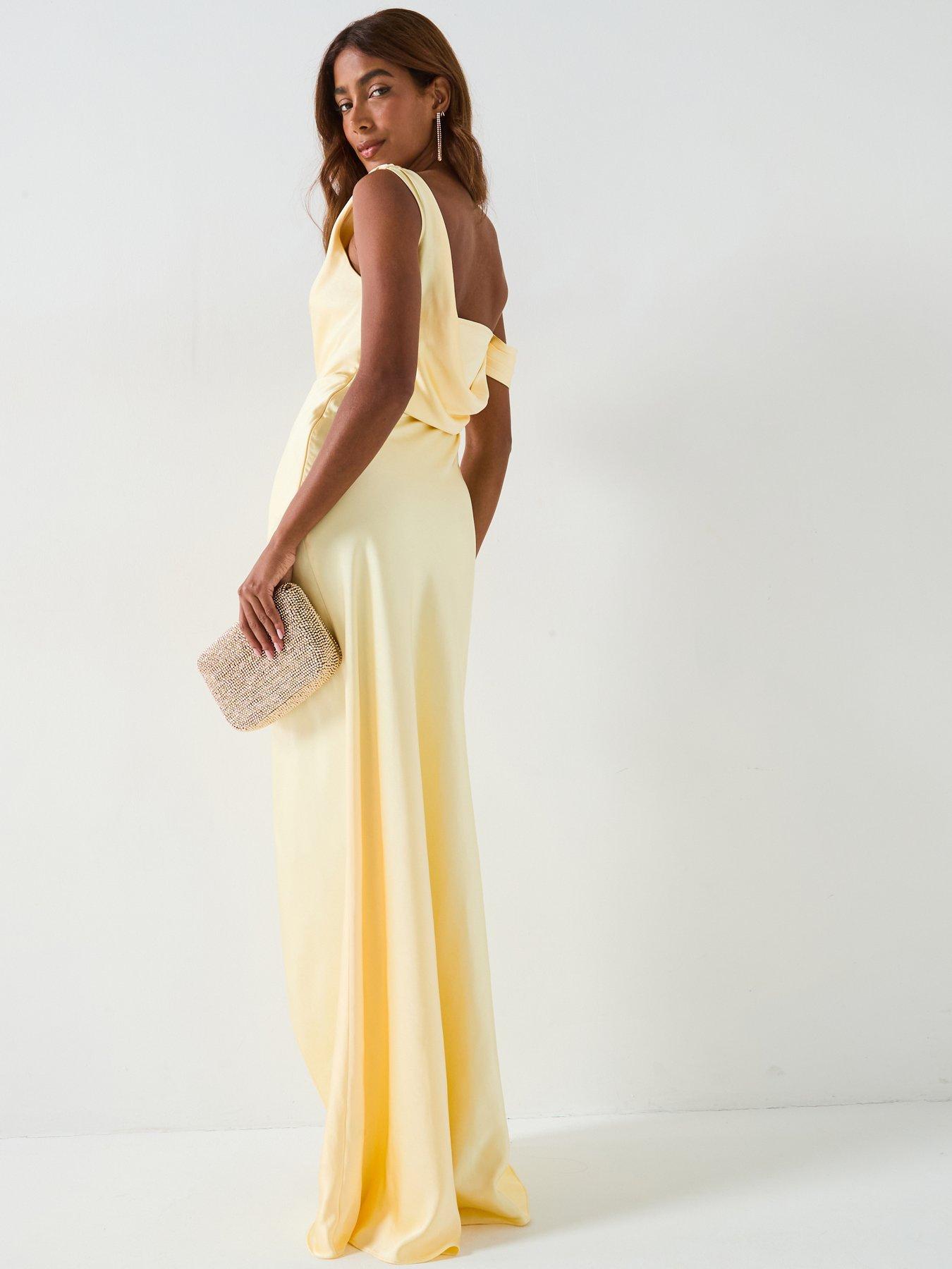 Six Stories Asymmetrical Bardot Strap Satin Bridesmaid Dress - Lemon