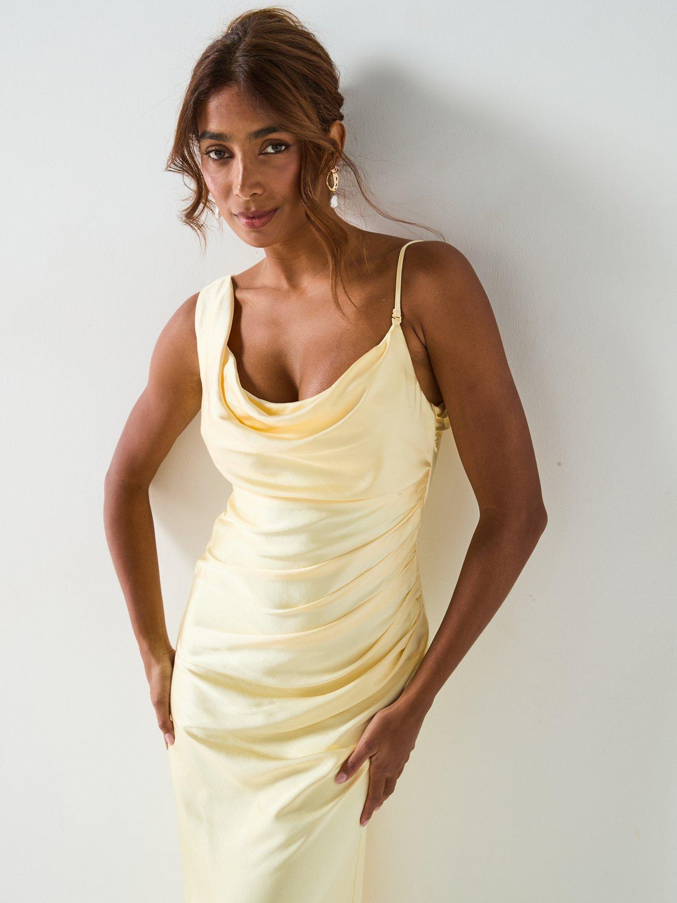  image of six-stories-cowl-front-asymmetrical-satin-bridesmaid-dressnbsp--lemon