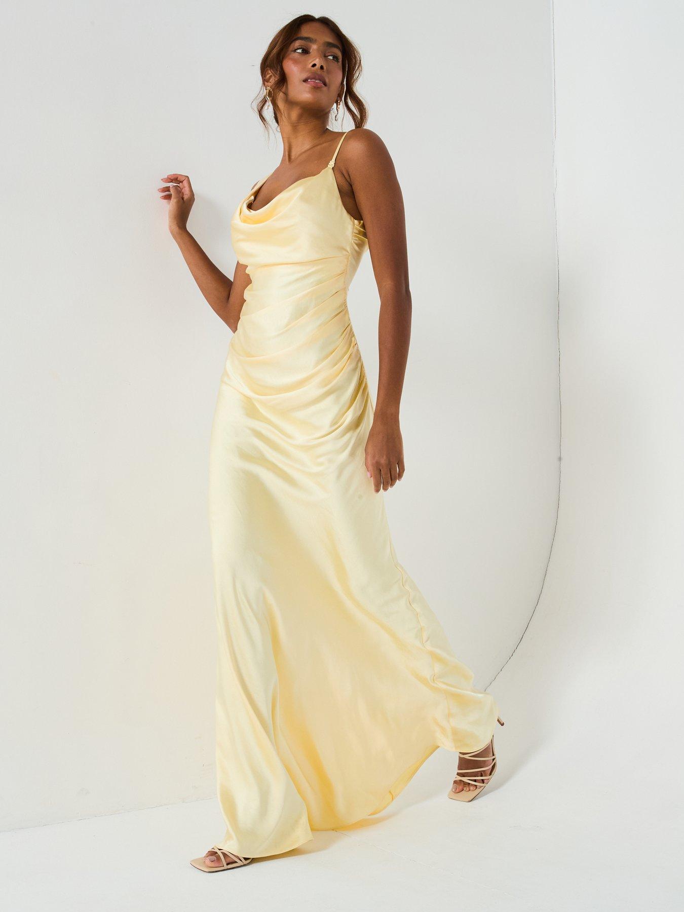  image of six-stories-cowl-front-asymmetrical-satin-bridesmaid-dressnbsp--lemon