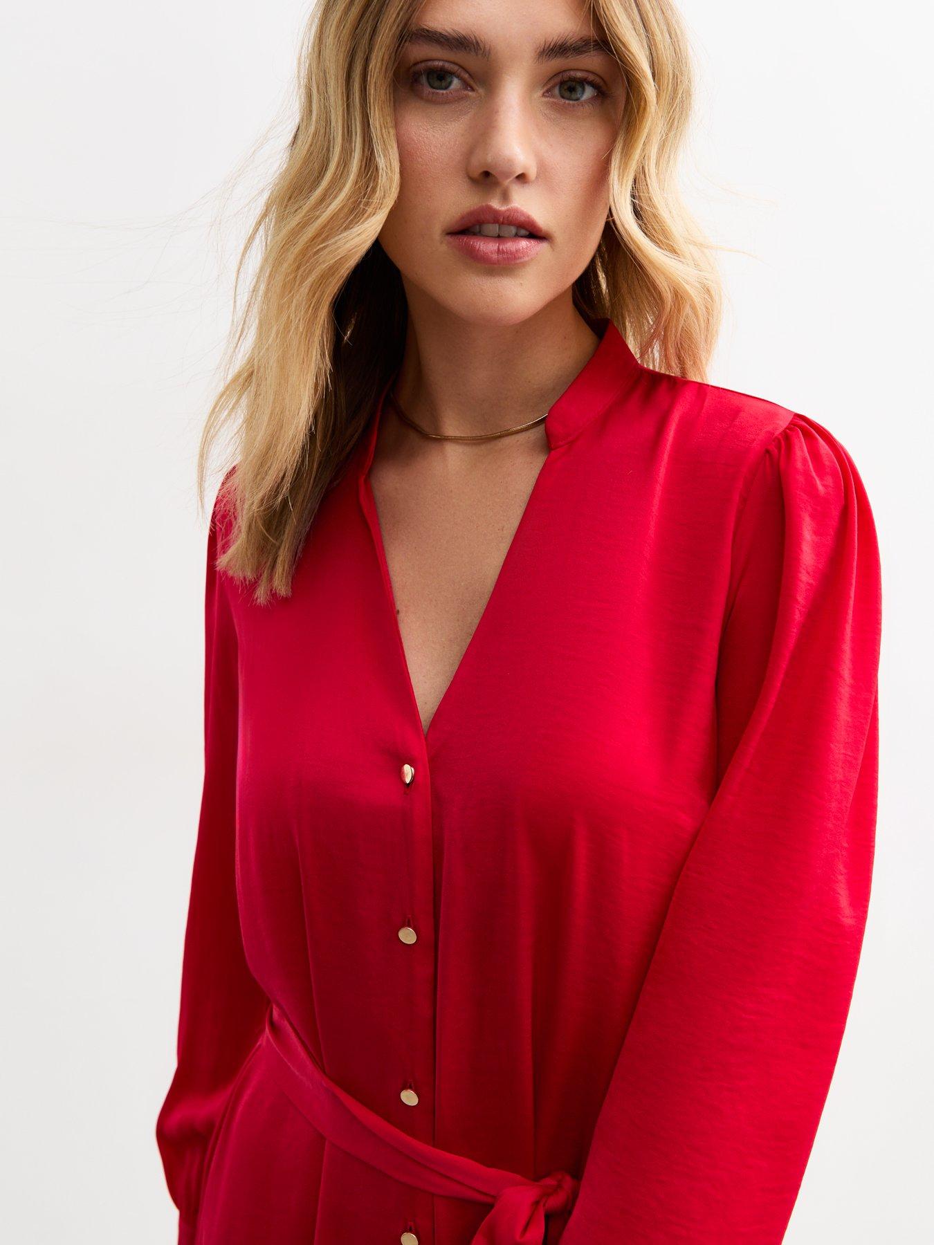  image of new-look-red-v-neck-satin-mini-dress