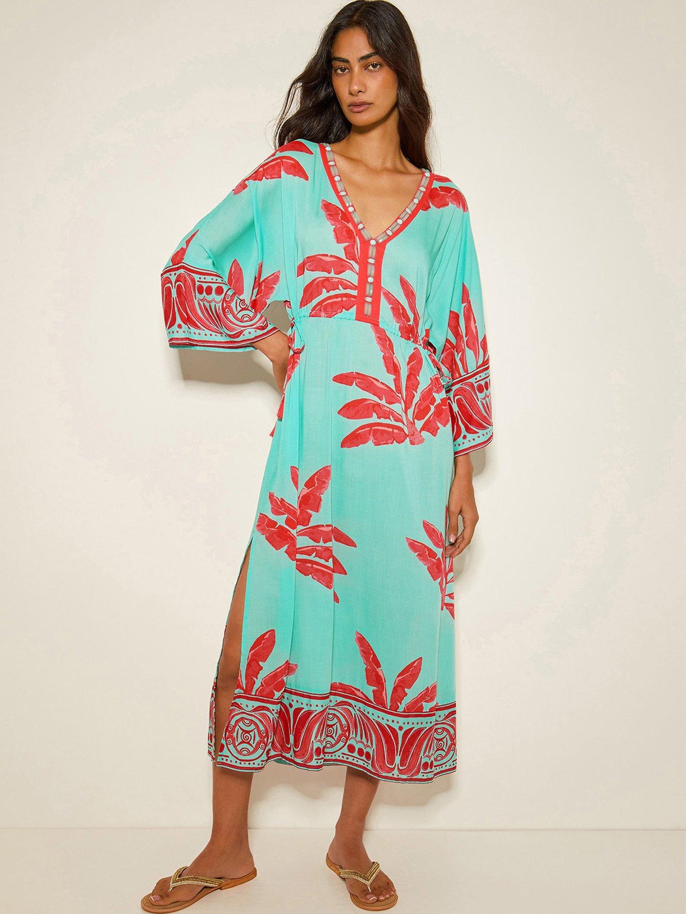 undefined Pamela Palm Print Kaftan Dress - Green