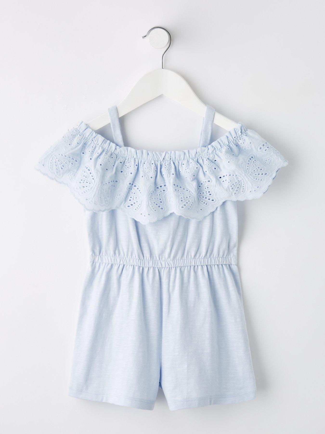 Mini V by Very Girls Broderie Front Frill Playsuit - Blue