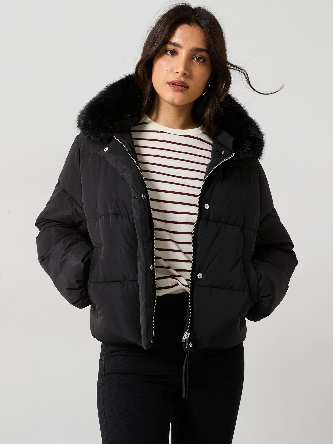  image of mango-faux-fur-short-puffer-jacket-black