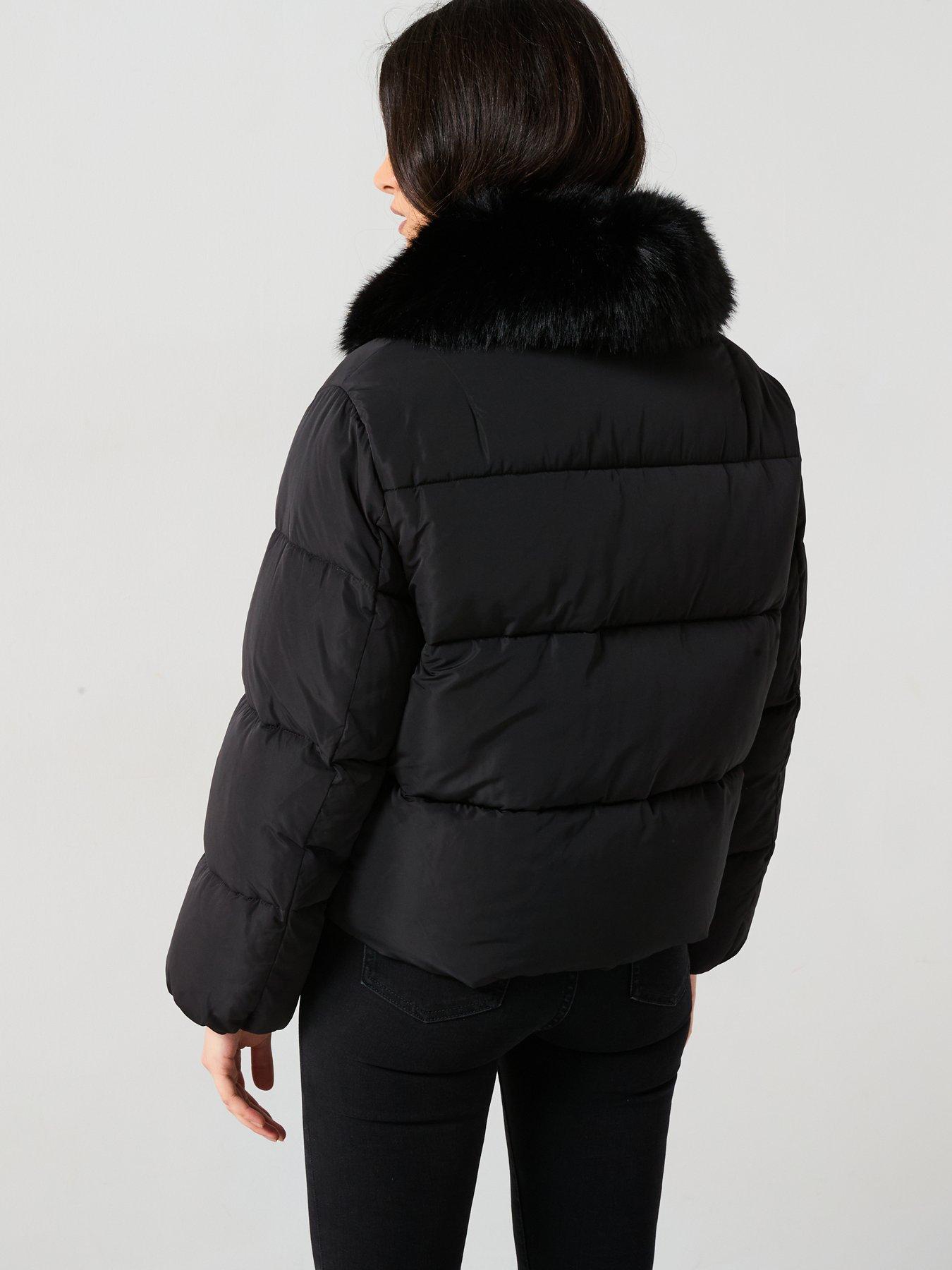  image of mango-faux-fur-short-puffer-jacket-black