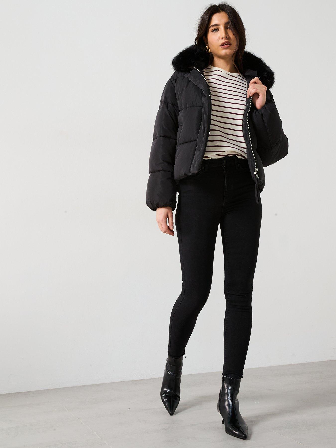  image of mango-faux-fur-short-puffer-jacket-black