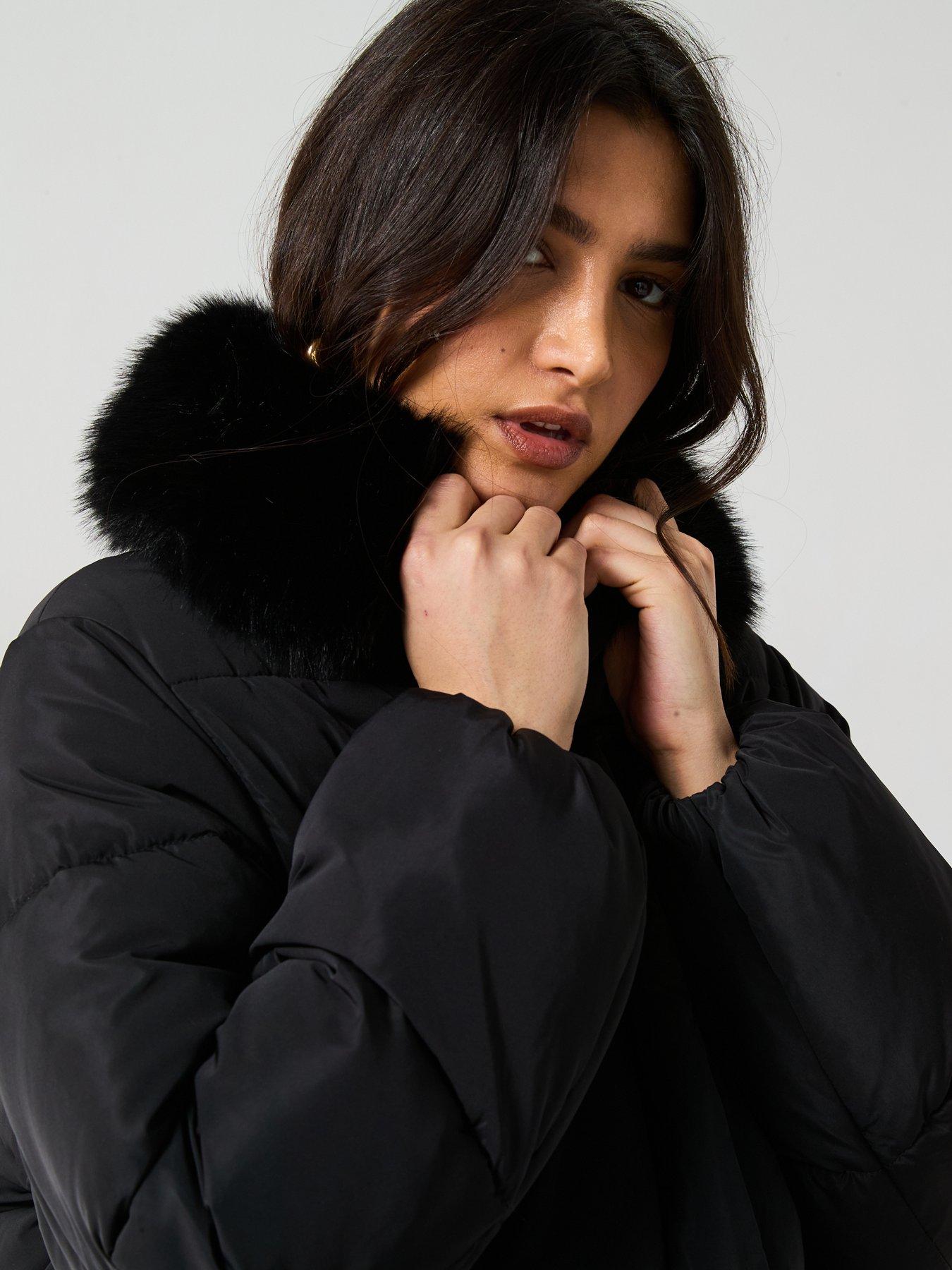  image of mango-faux-fur-short-puffer-jacket-black