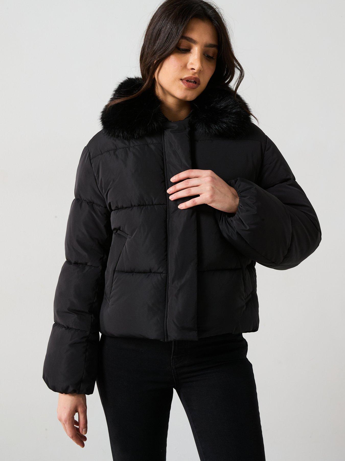  image of mango-faux-fur-short-puffer-jacket-black