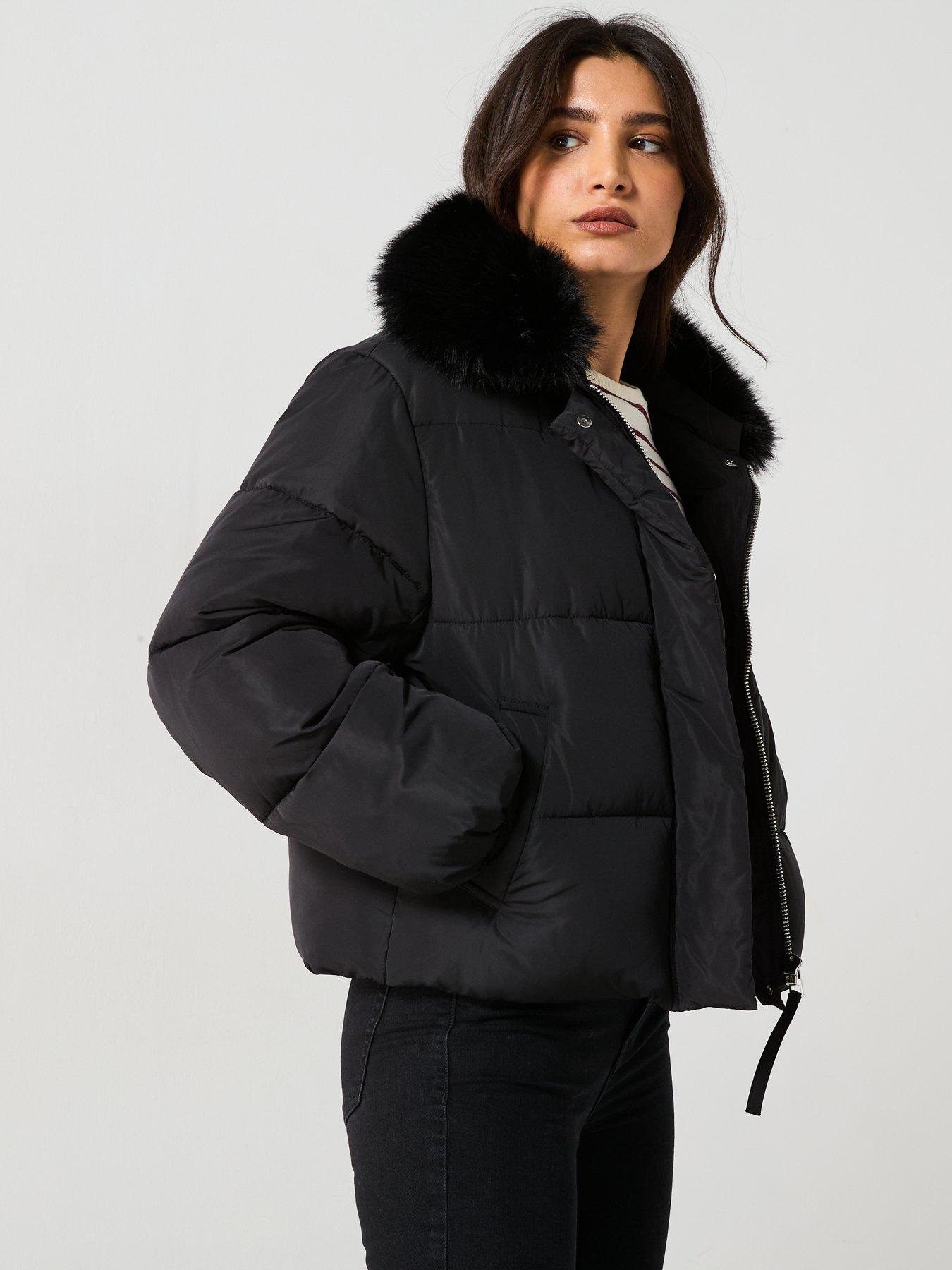 image of mango-faux-fur-short-puffer-jacket-black