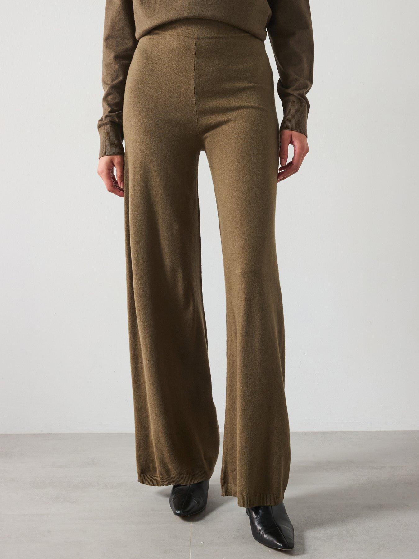 undefined Fine Knit Wide Leg Trousers - Khaki