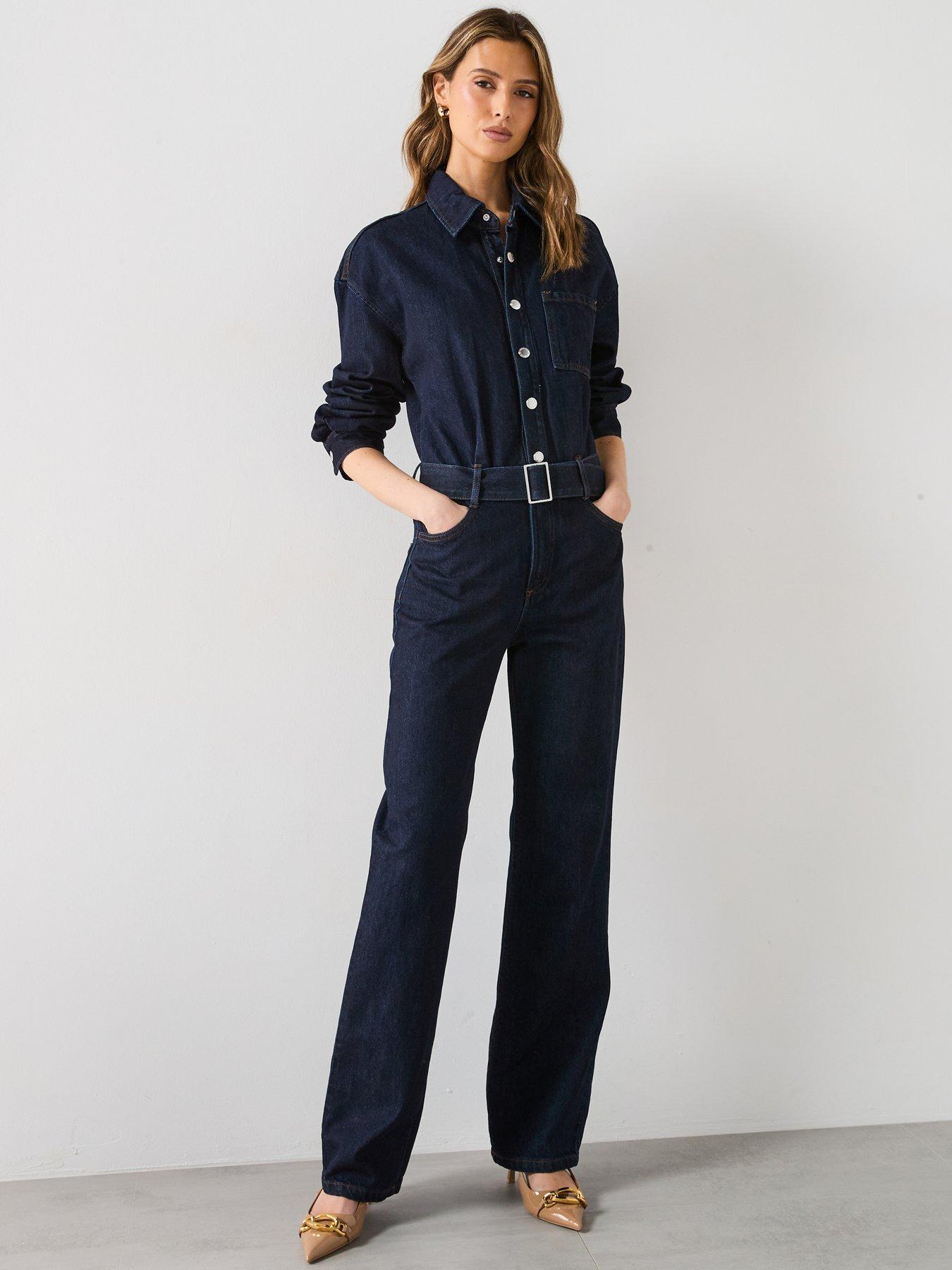 undefined Belted Denim Jumpsuit - Dark Blue