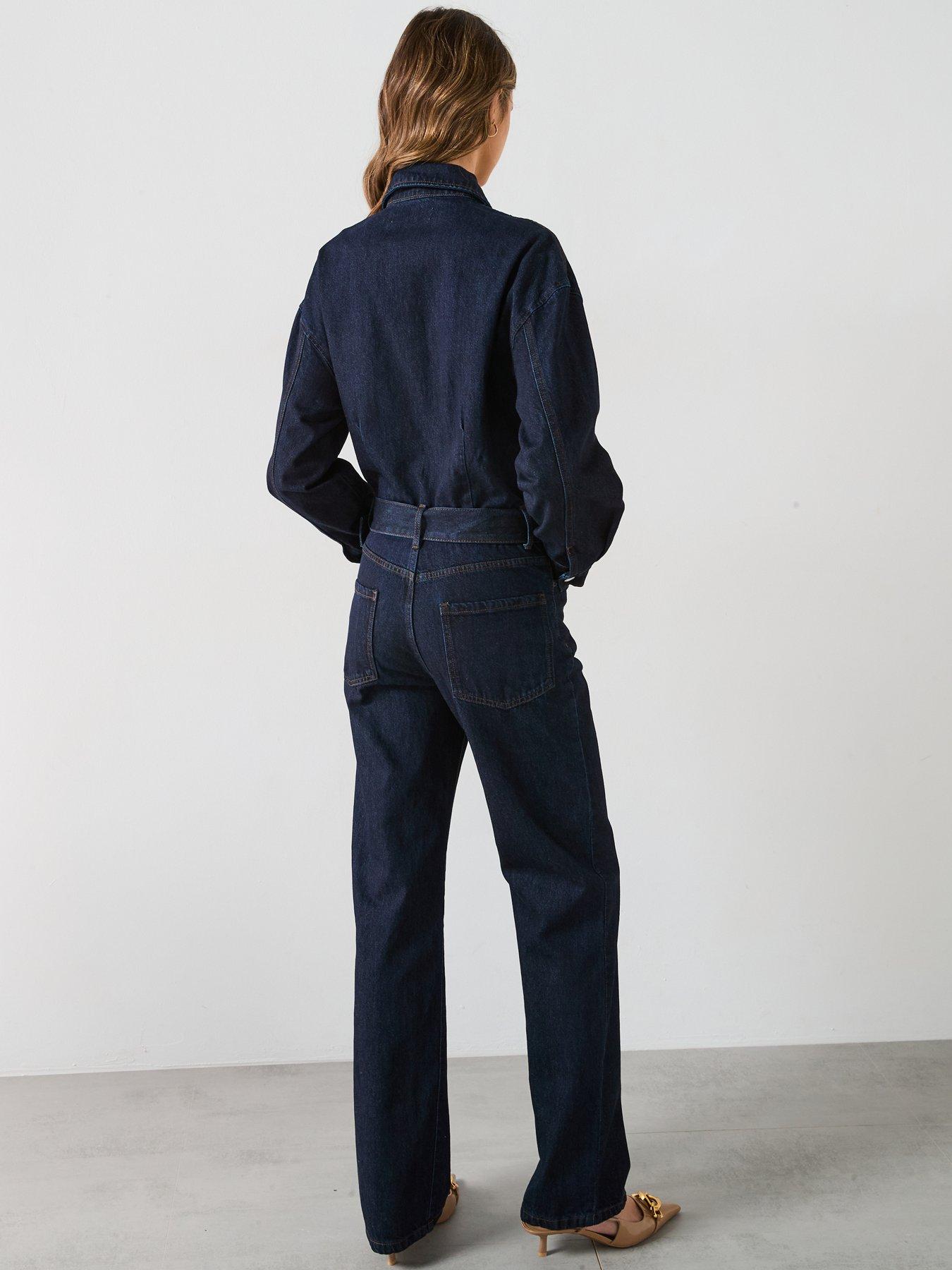  image of mango-belted-denim-jumpsuit-dark-blue
