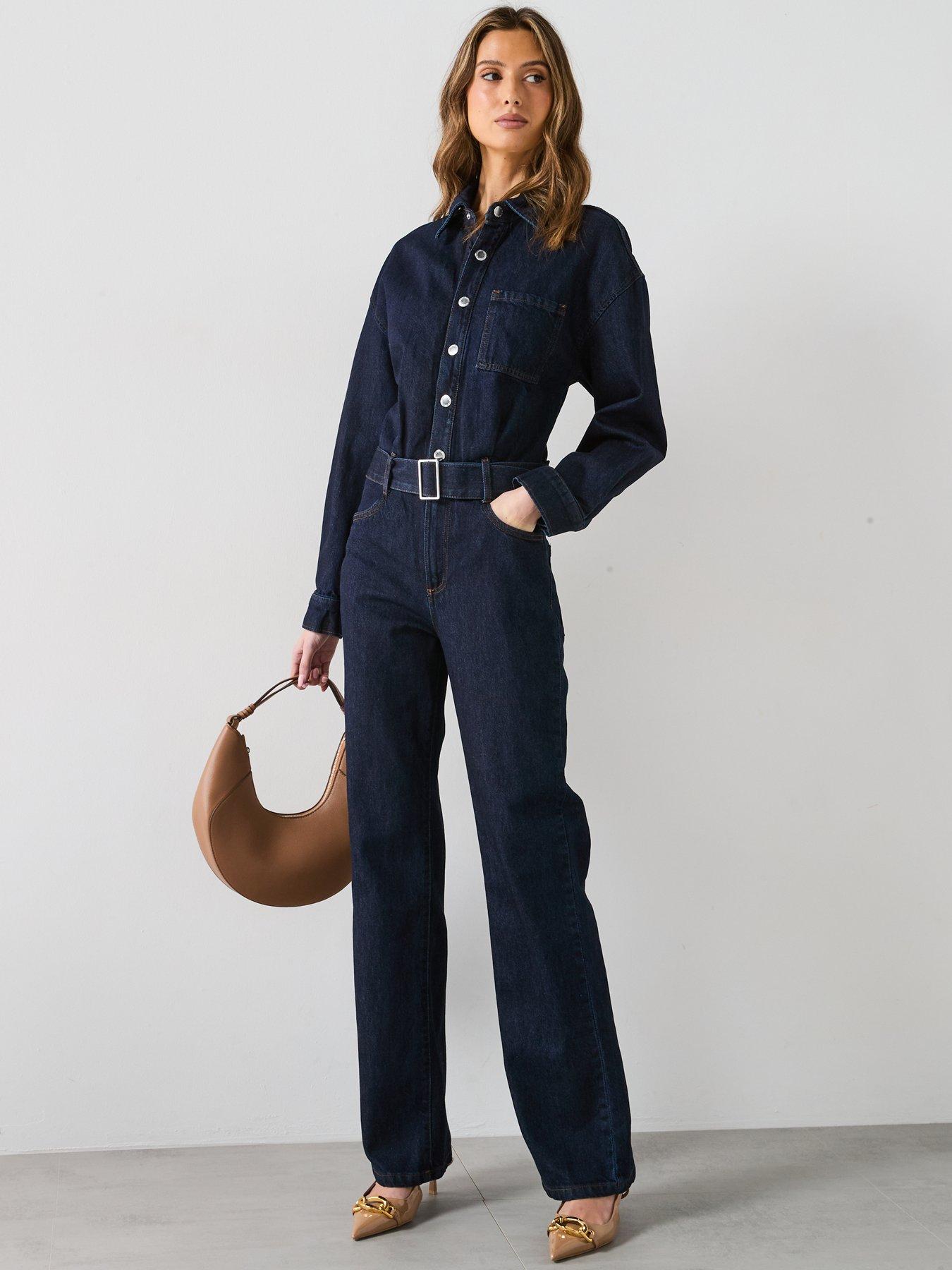  image of mango-belted-denim-jumpsuit-dark-blue