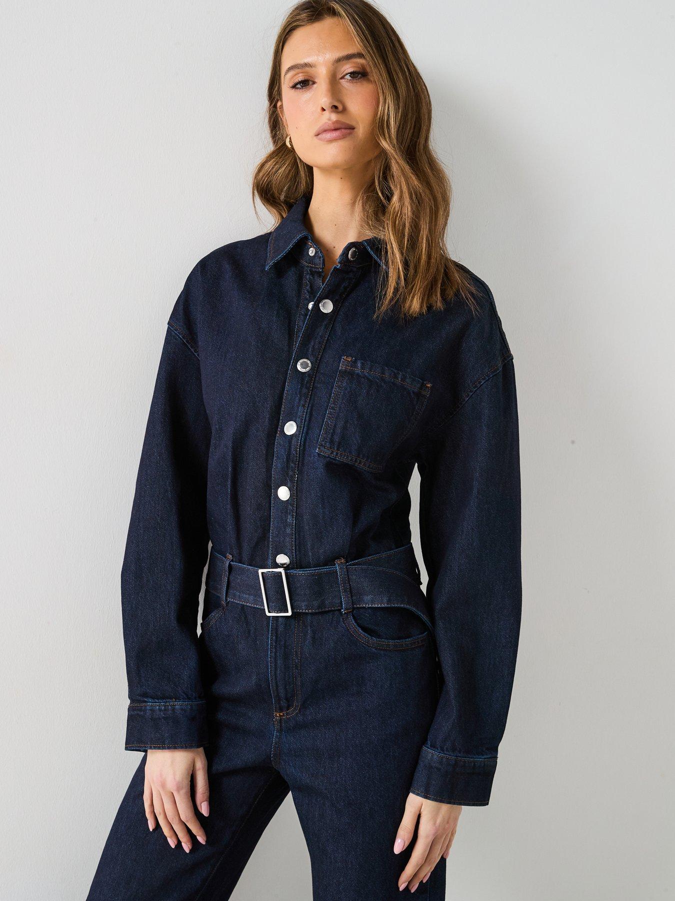  image of mango-belted-denim-jumpsuit-dark-blue