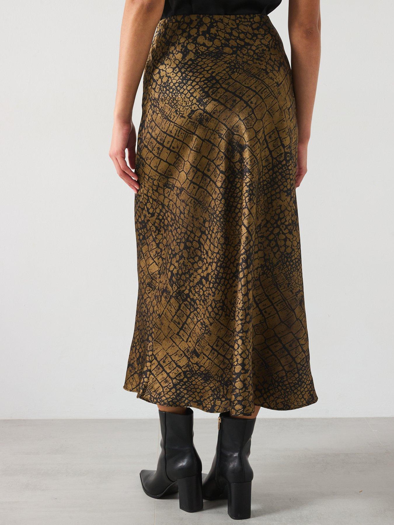  image of mango-croc-print-satin-midi-skirt-brown