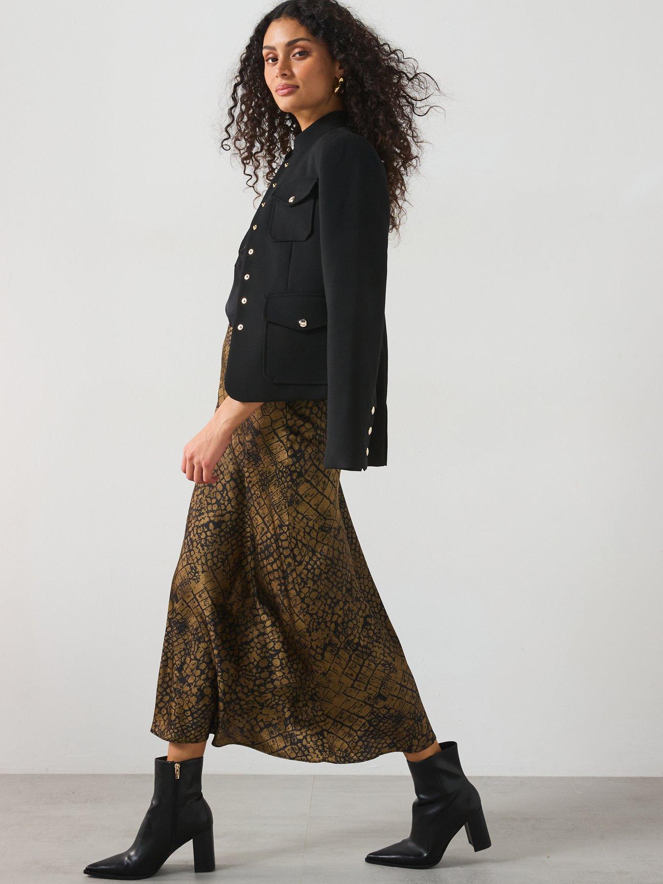  image of mango-croc-print-satin-midi-skirt-brown