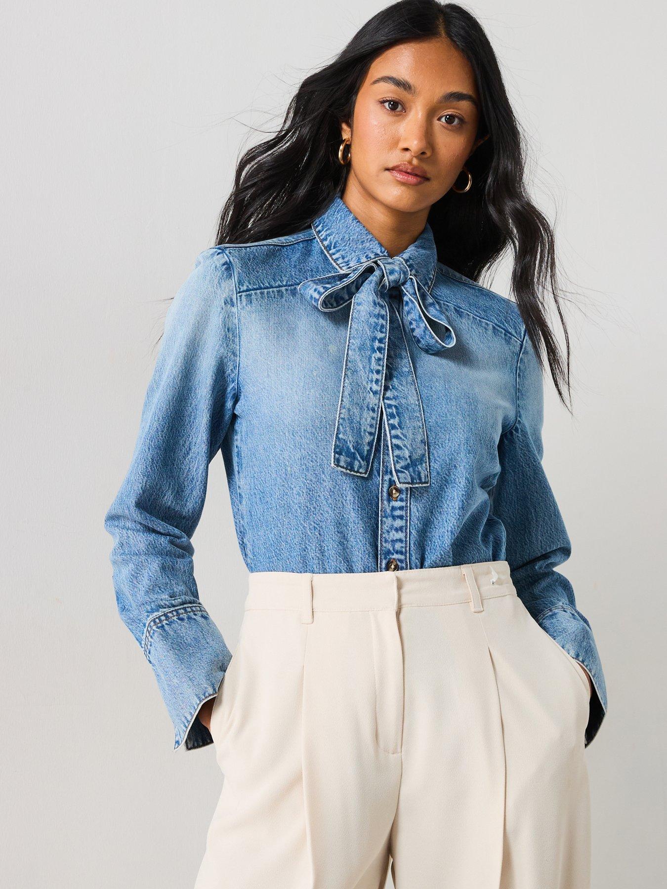 undefined Denim Tie Neck Shirt - Blue