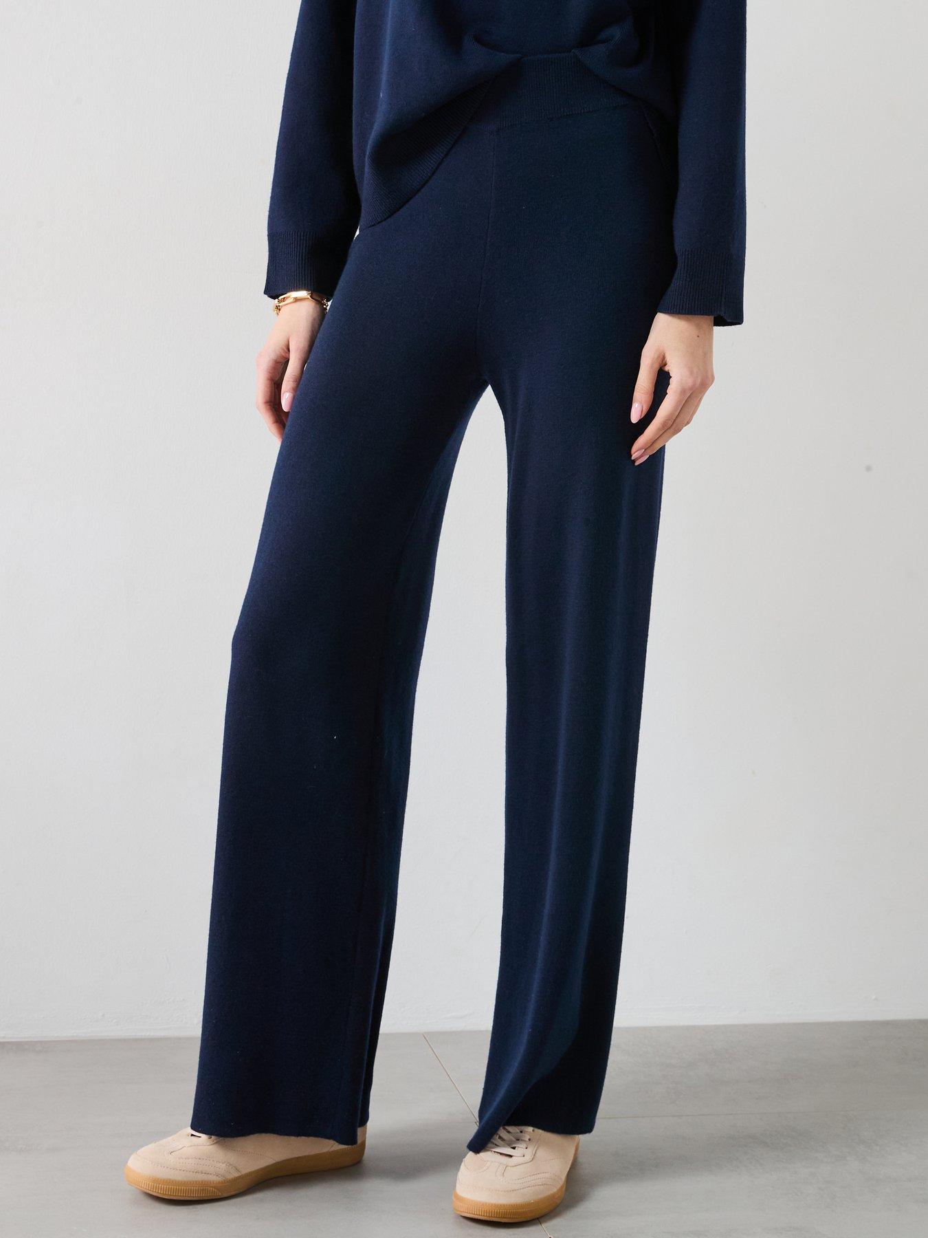 undefined Knitted Wide Leg Trousers - Navy