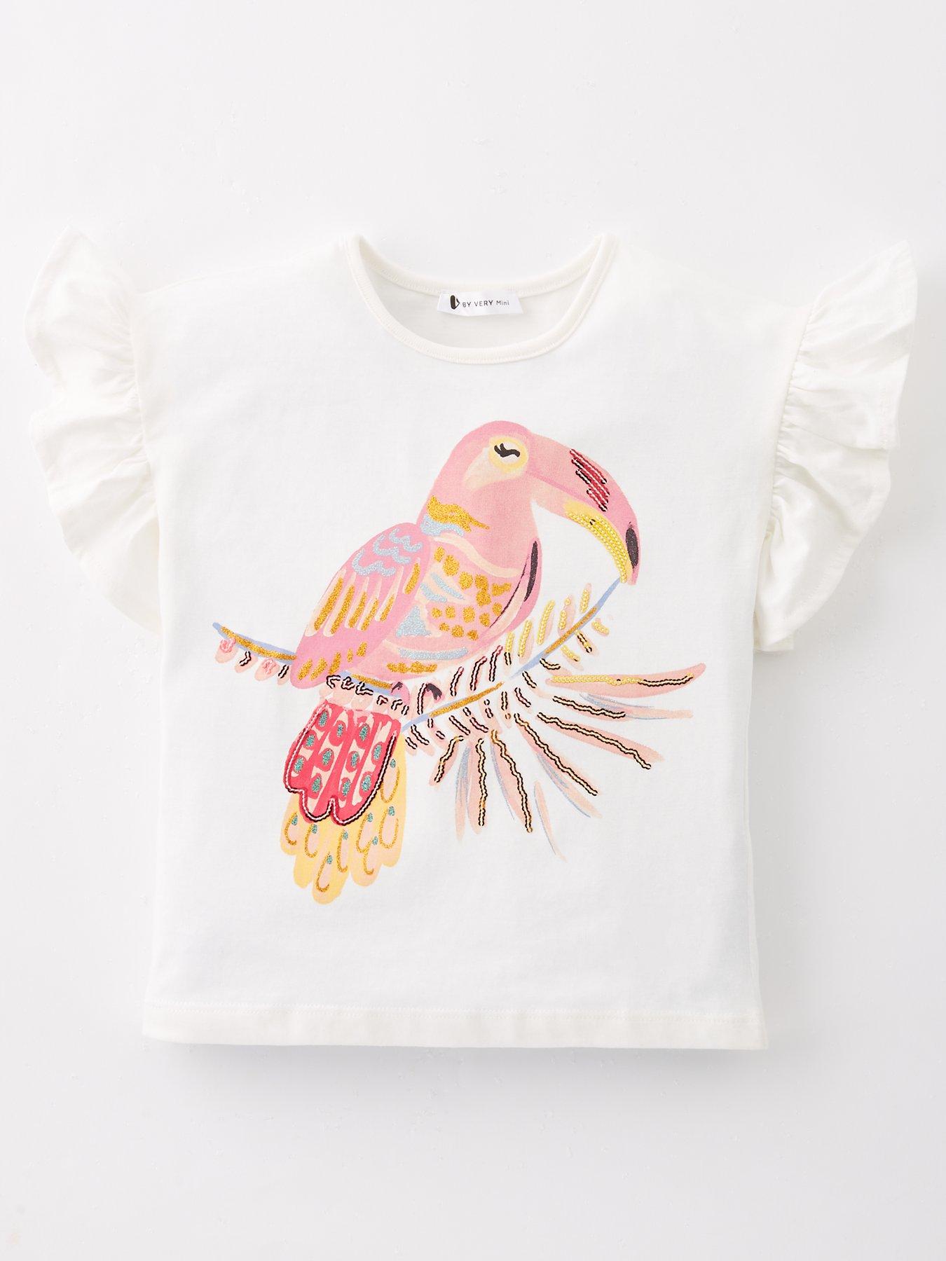 undefined Girls Toucan Embellished Frill Sleeve T-shirt - White
