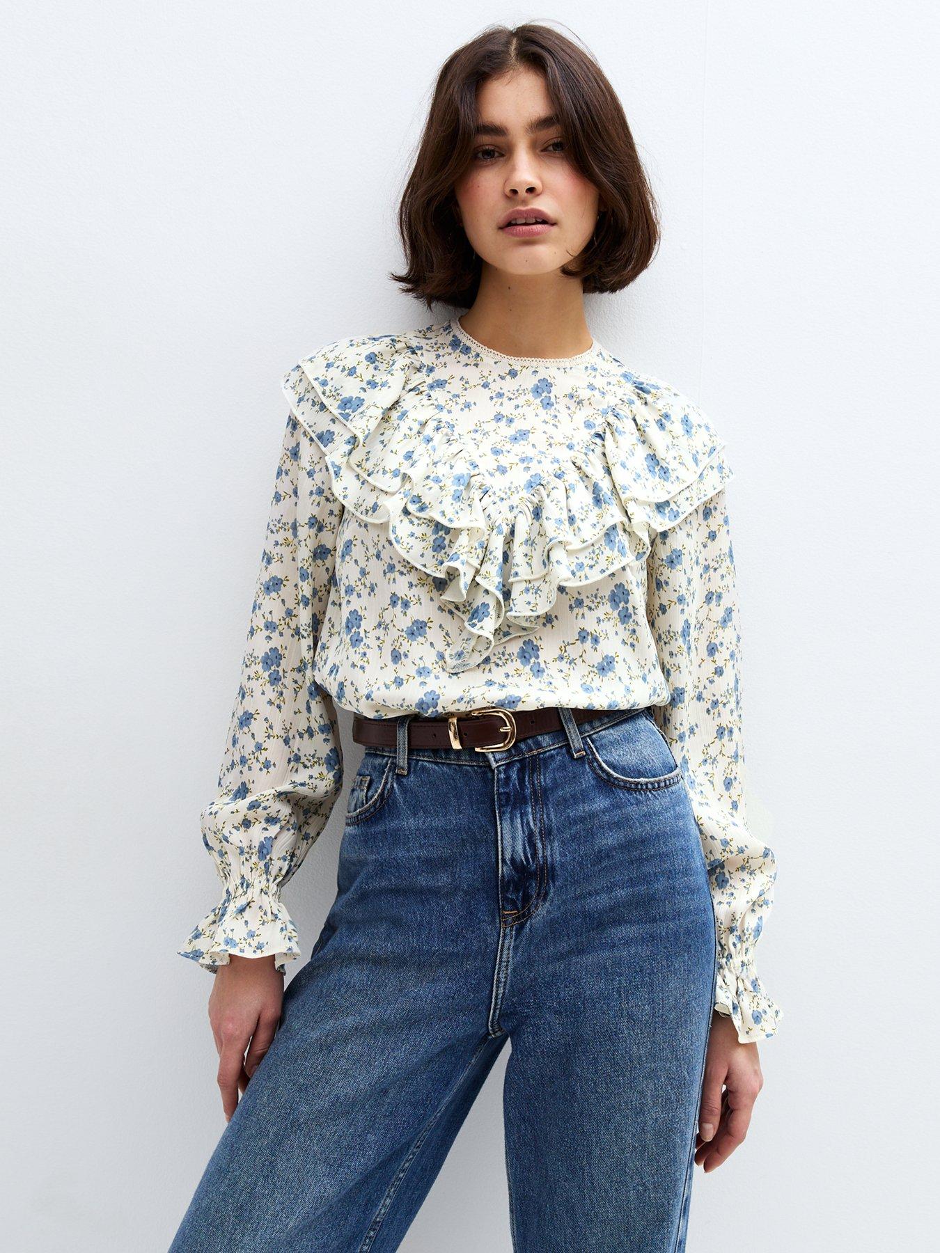 undefined Floral Print Frill Yoke Shirt - White