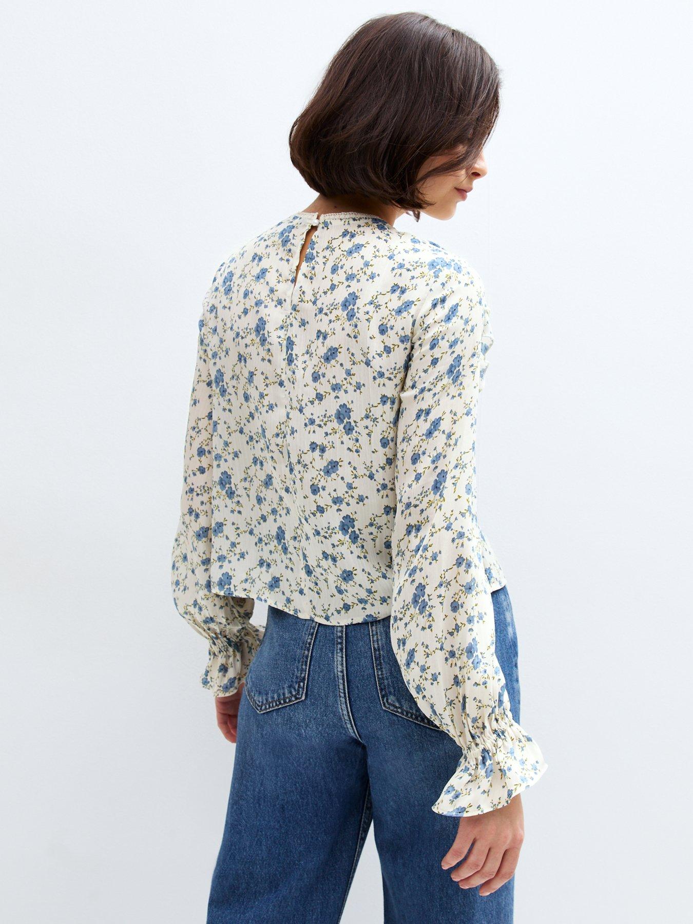  image of new-look-floral-print-frill-yoke-shirt-white