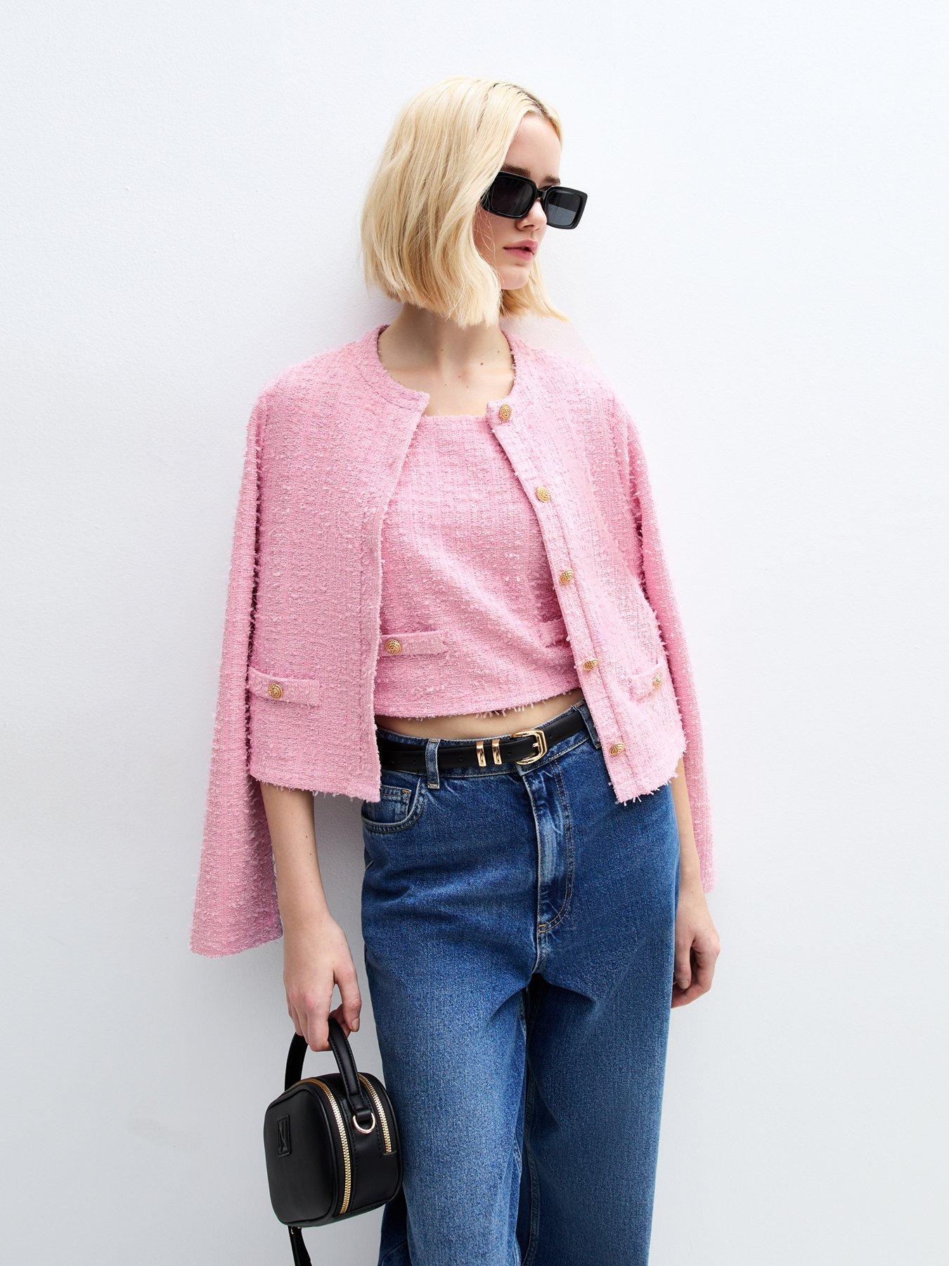 undefined Pink Textured Button Detail Cropped Vest