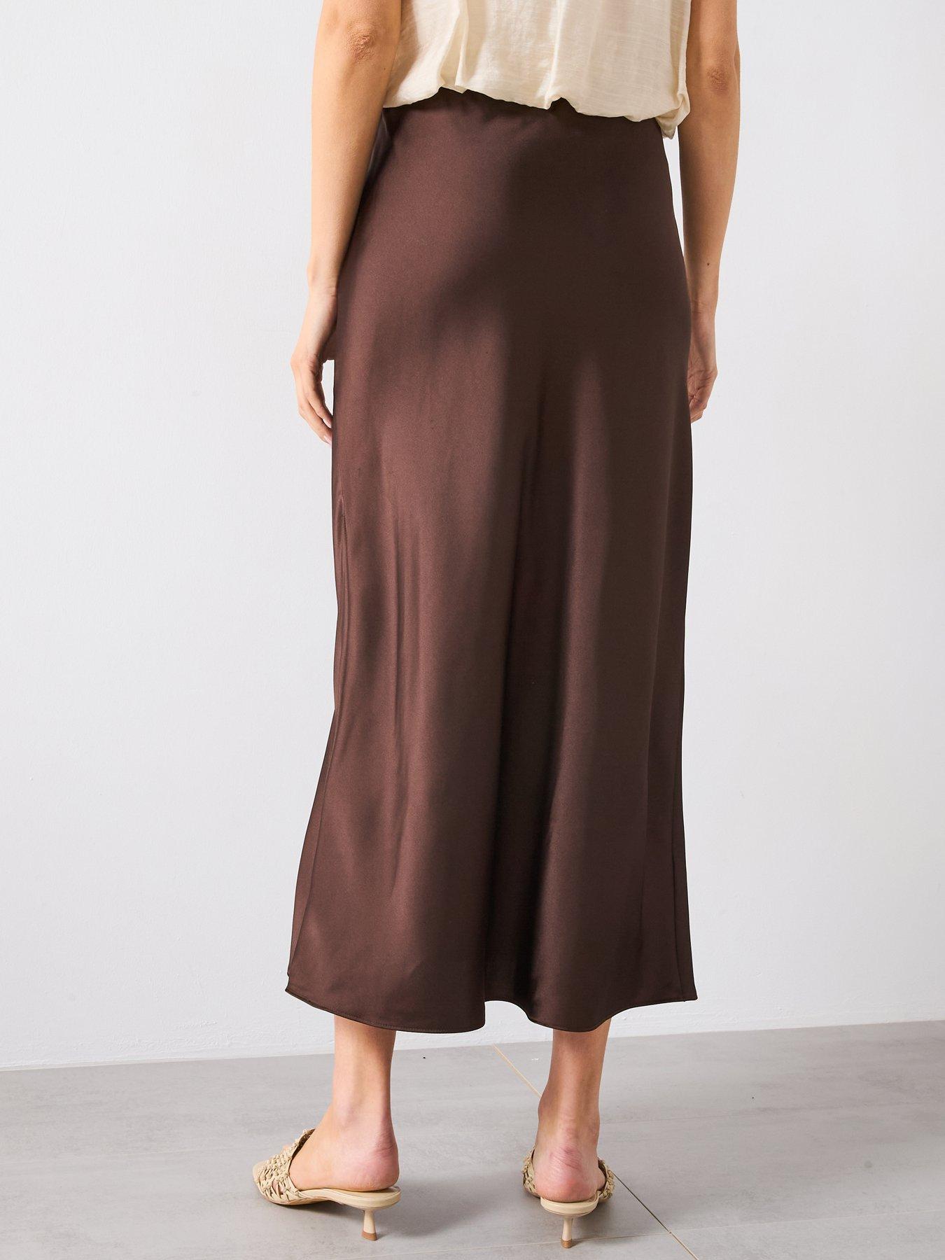 Image 2 of 4 of Mango Satin Midi Skirt- Brown