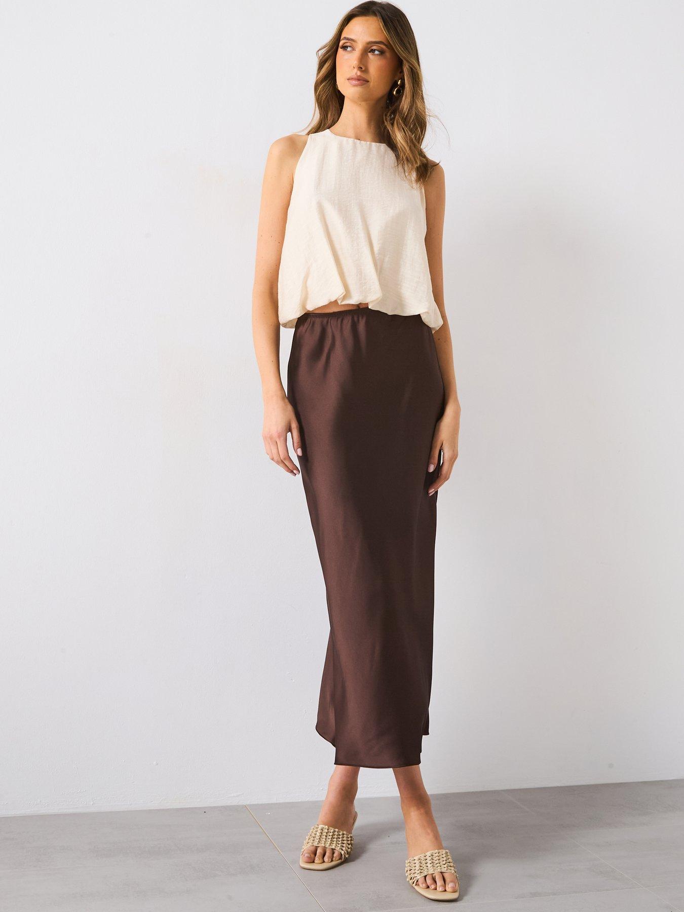  image of mango-satin-midi-skirt--brown