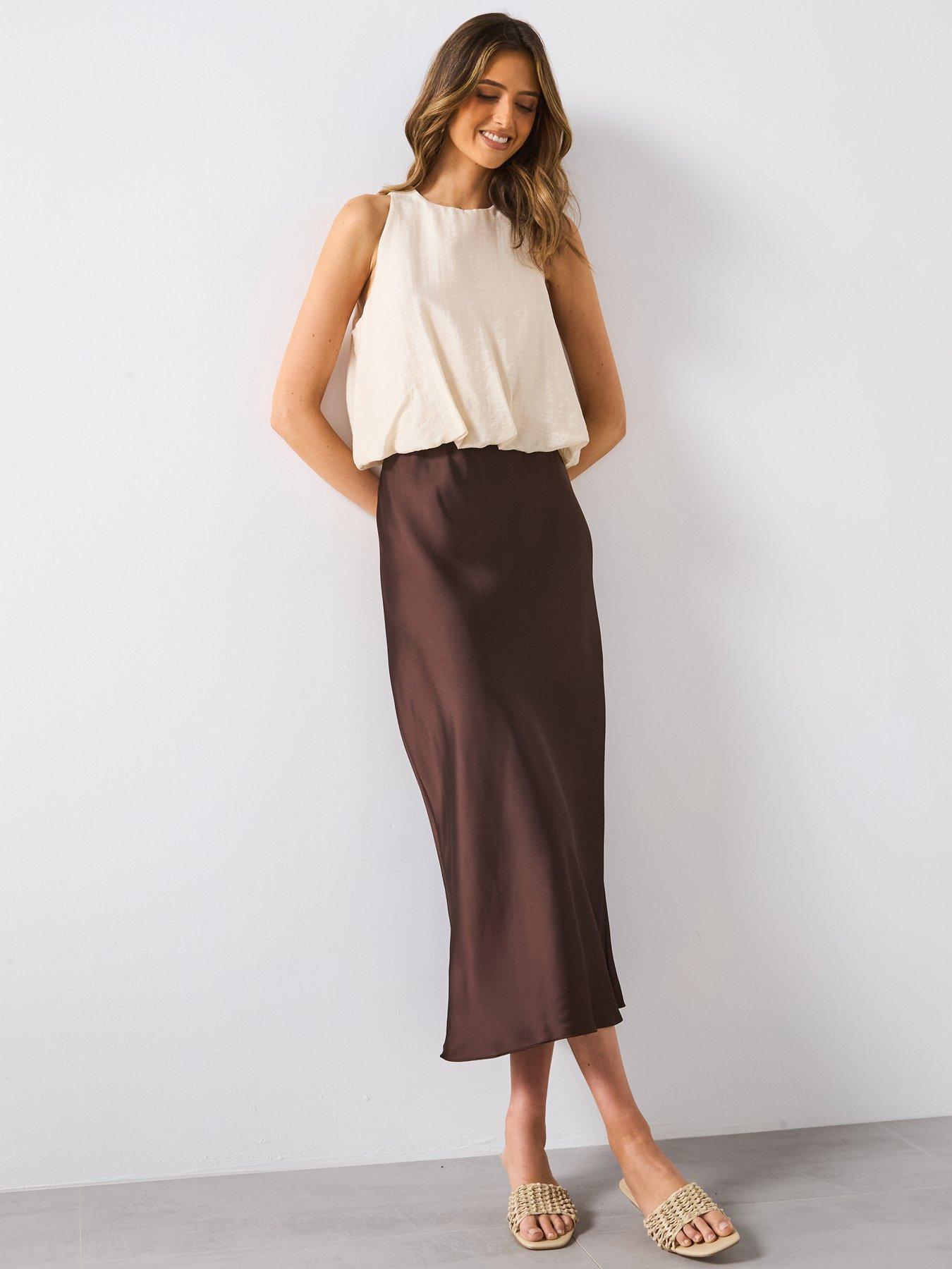 Image 4 of 4 of Mango Satin Midi Skirt- Brown