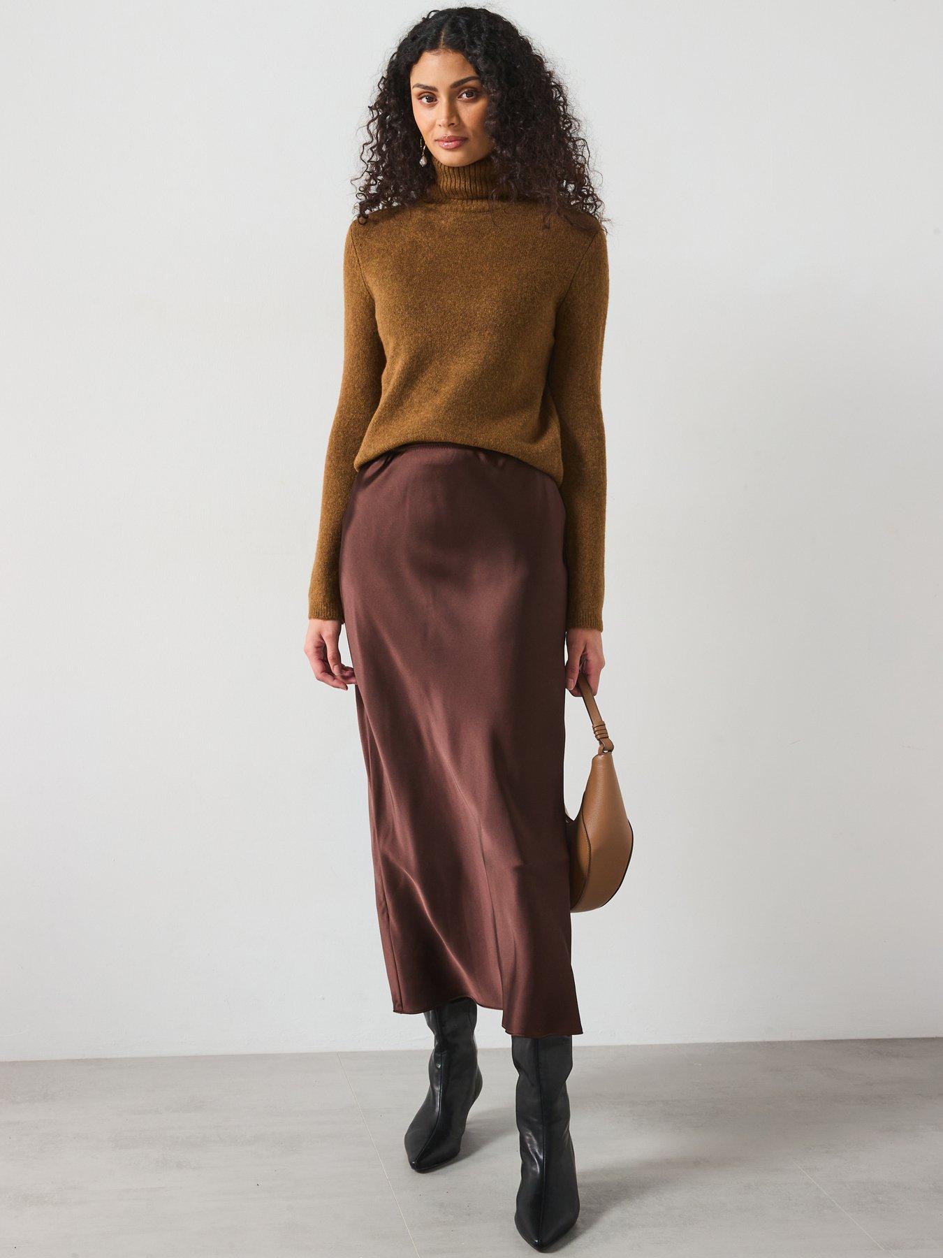  image of mango-satin-midi-skirt--brown