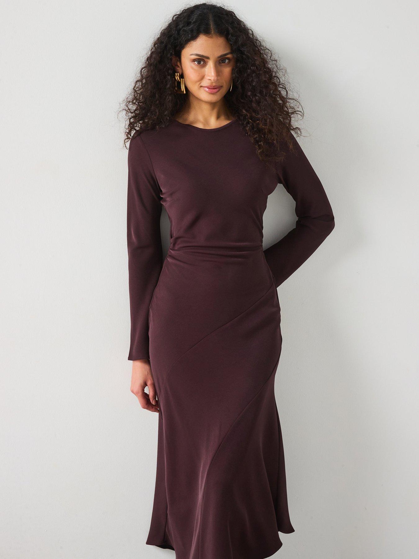 undefined Ruched Midi Dress - Brown