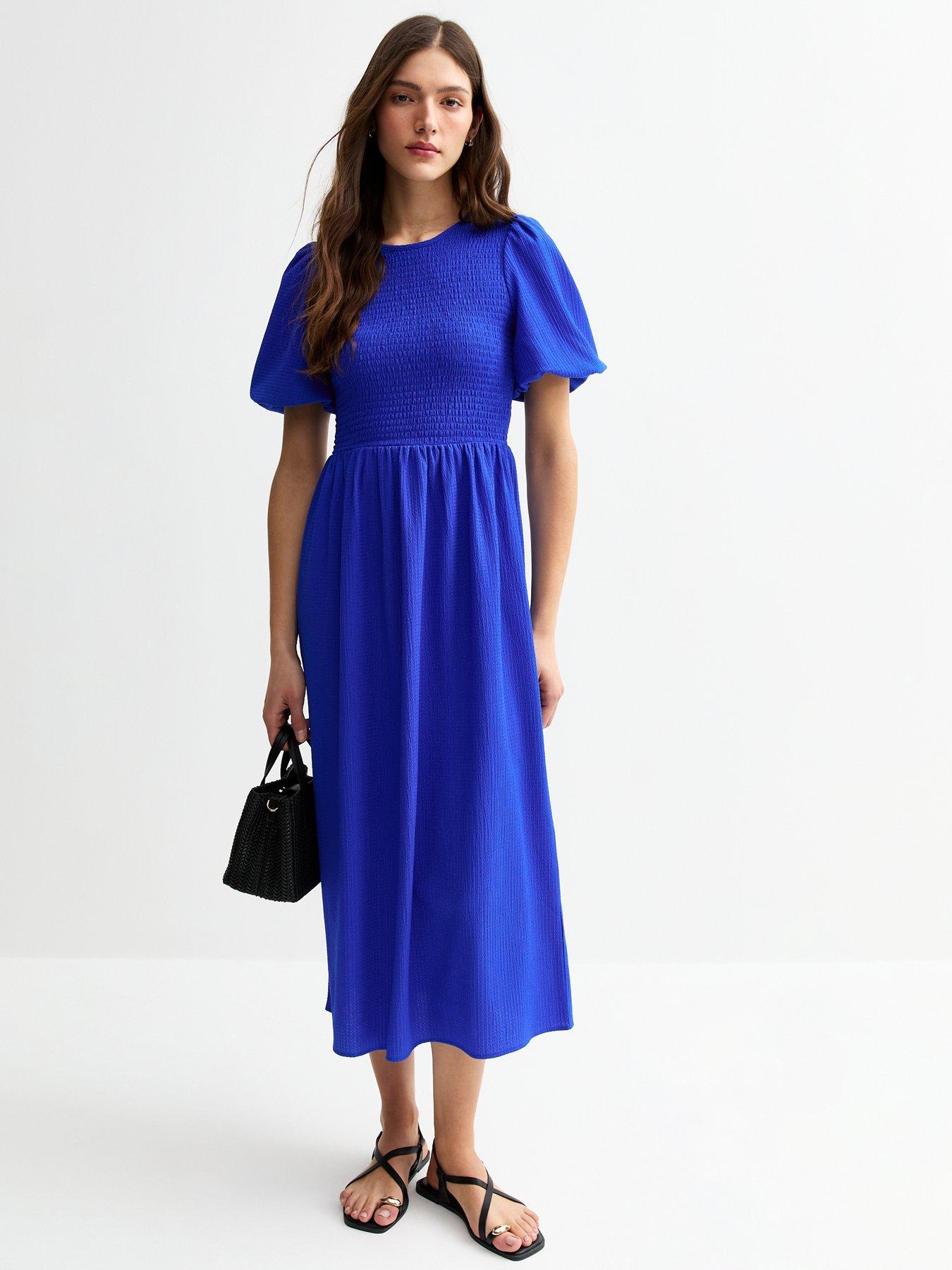 undefined Blue Crinkled Shirred Bodice Midi Dress
